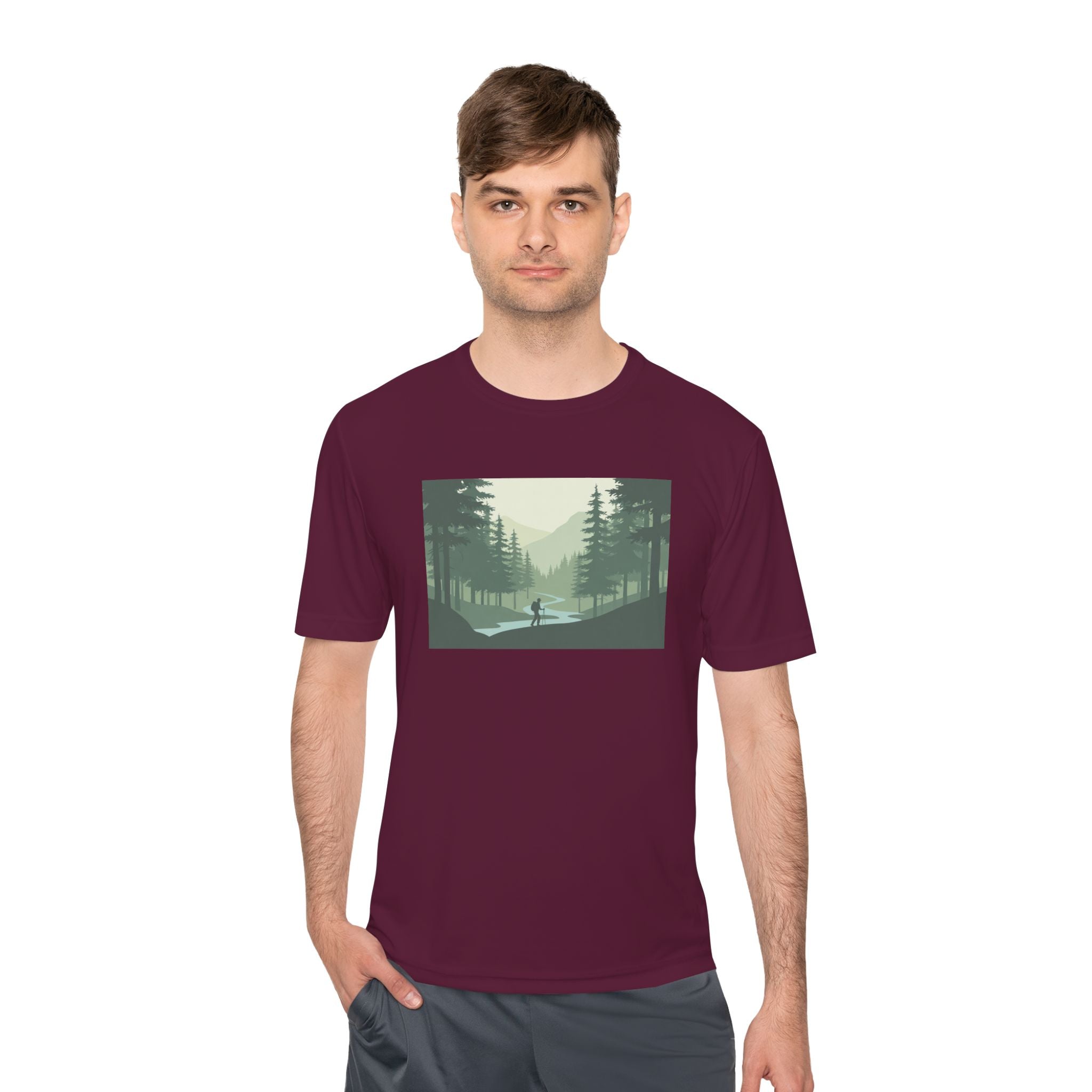 Forest Lake Camping Tee — Minimal Mountain Landscape T-Shirt for Outdoor Lovers