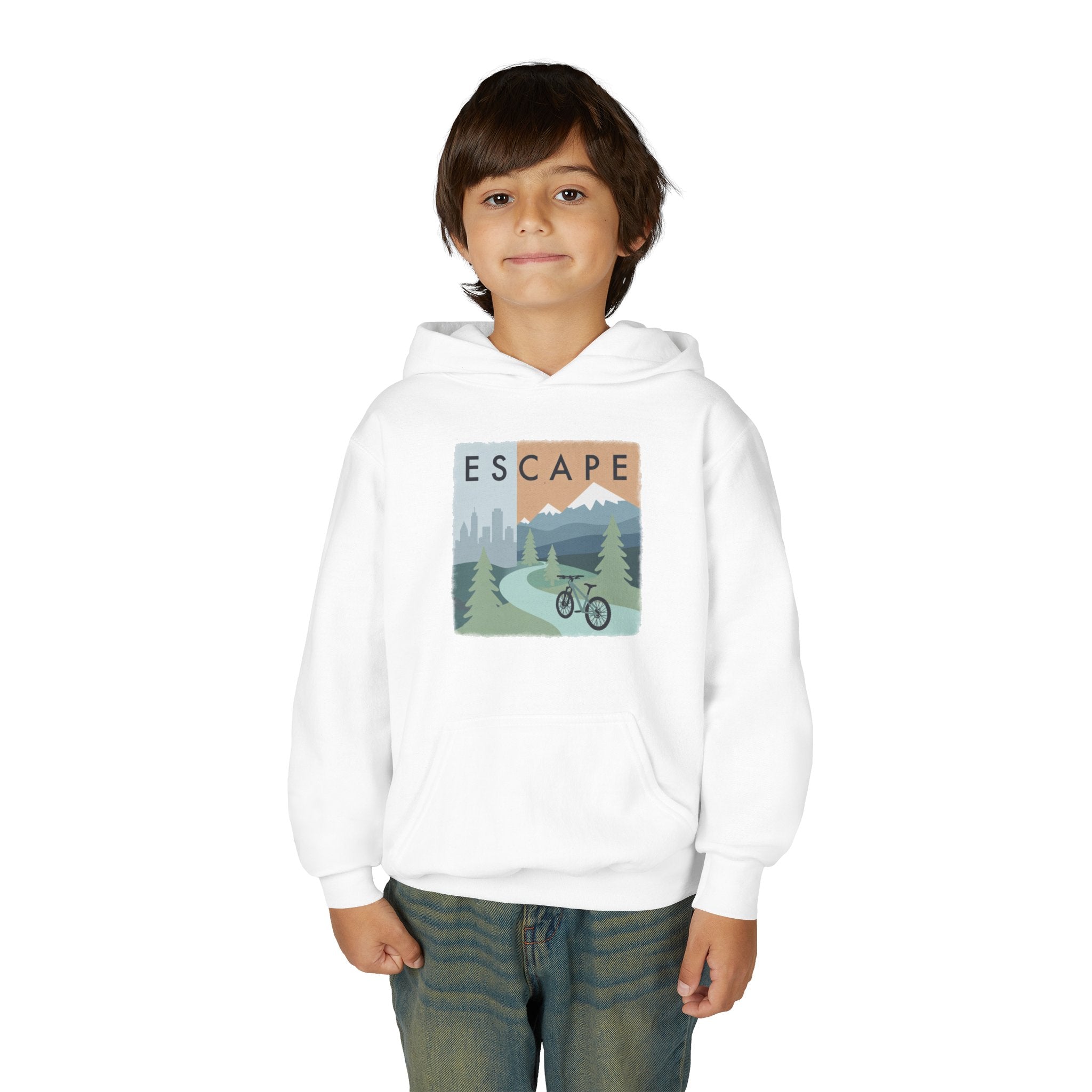 Escape to the Mountains Kids Hoodie — Mountain Retreat Graphic Sweatshirt