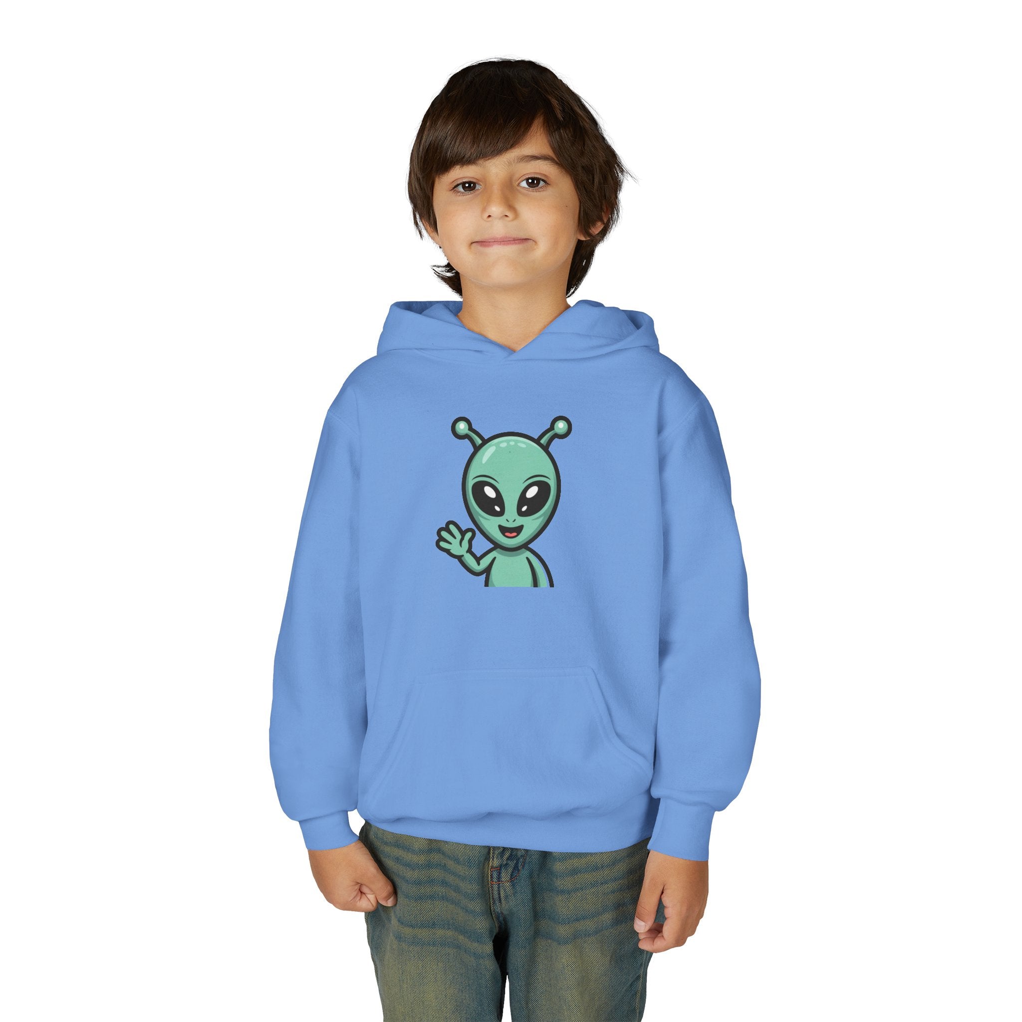 Youth Alien Hoodie – Cute Waving Green Alien Kids Sweatshirt