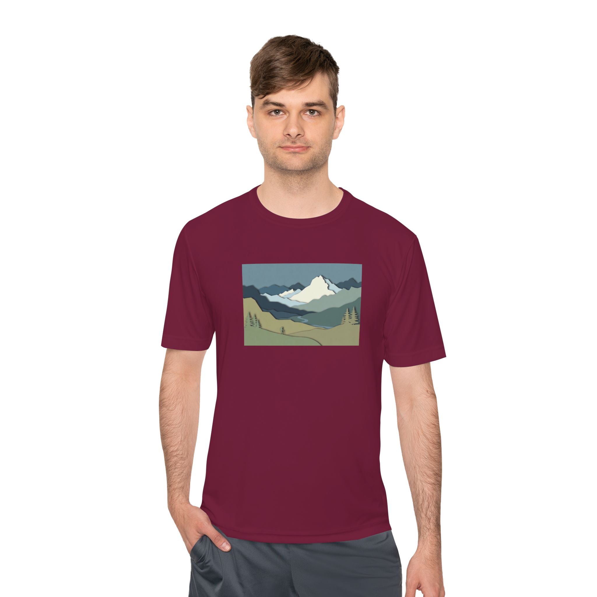 Mountain Landscape Performance Tee — Scenic Outdoor Graphic Shirt