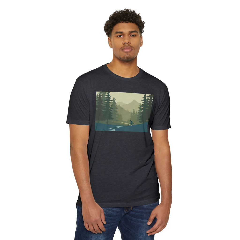 Mountain Biking Graphic T-Shirt — Scenic Forest Trail Design