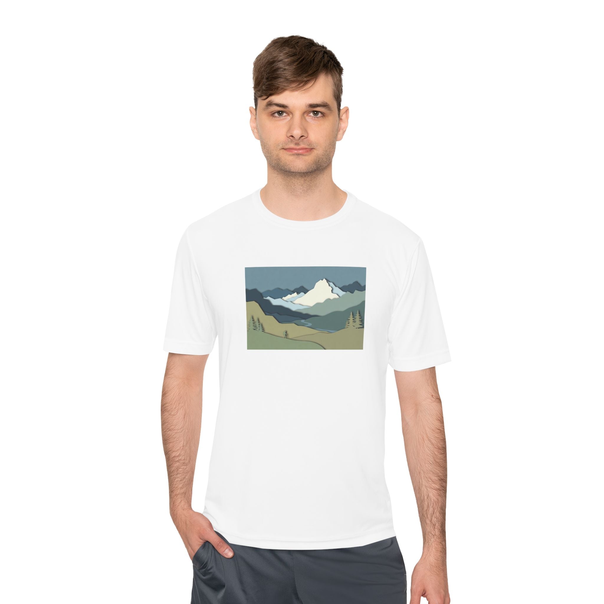 Mountain Landscape Performance Tee — Scenic Outdoor Graphic Shirt