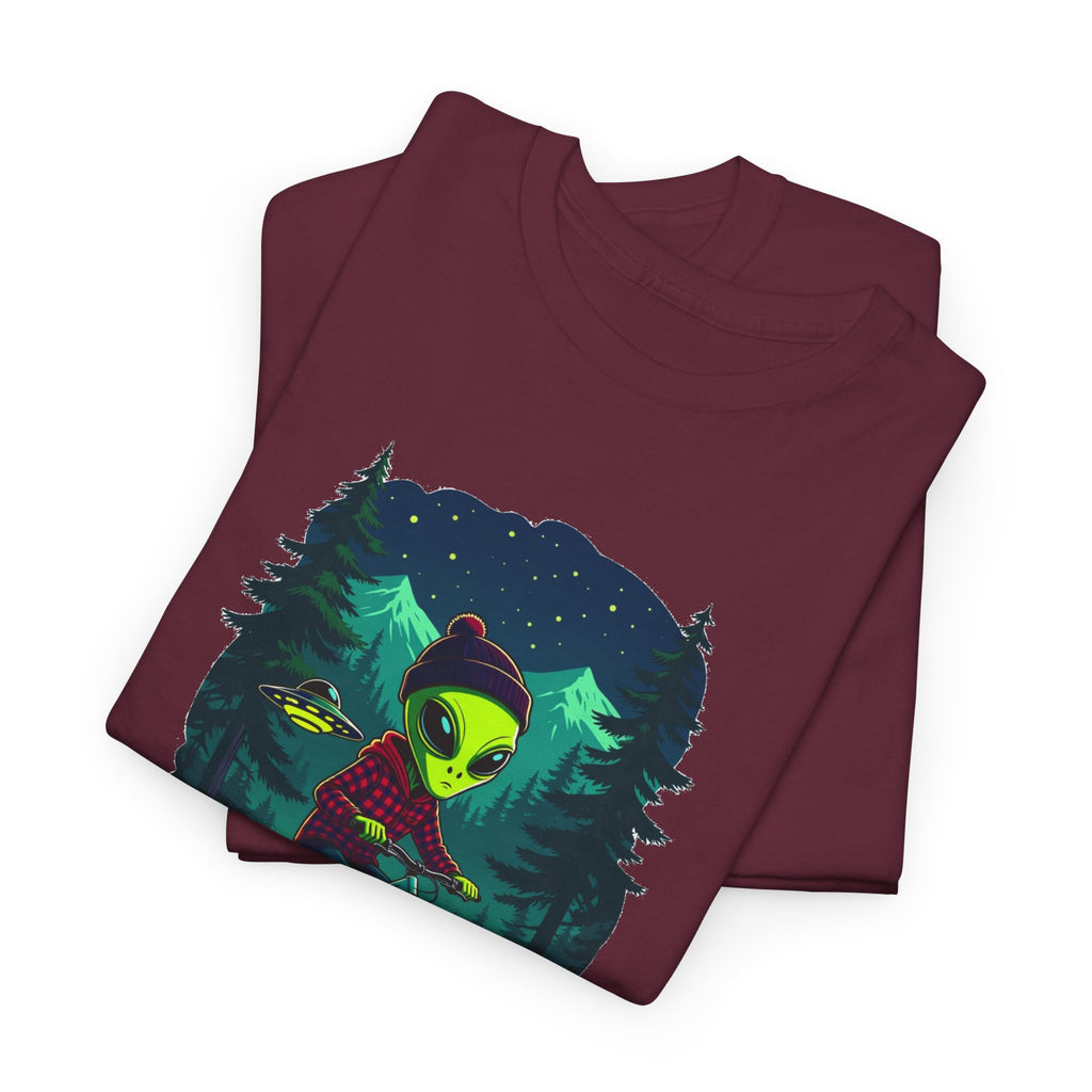 Alien Mountain Biking T-Shirt — Neon Forest Cyclist Graphic Tee