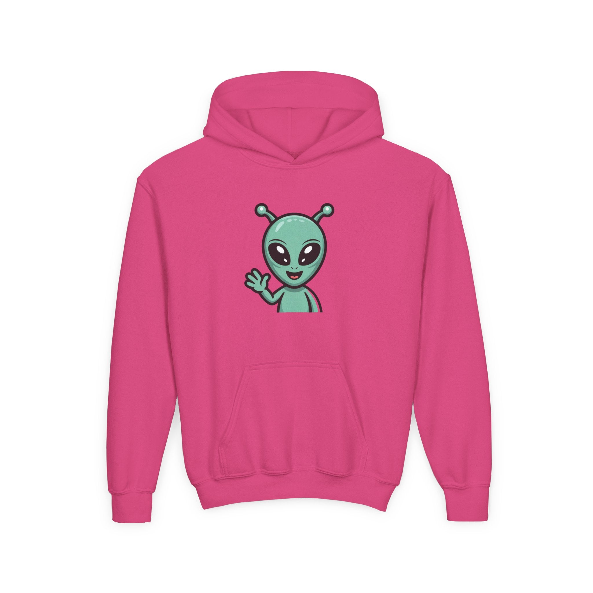 Youth Alien Hoodie – Cute Waving Green Alien Kids Sweatshirt