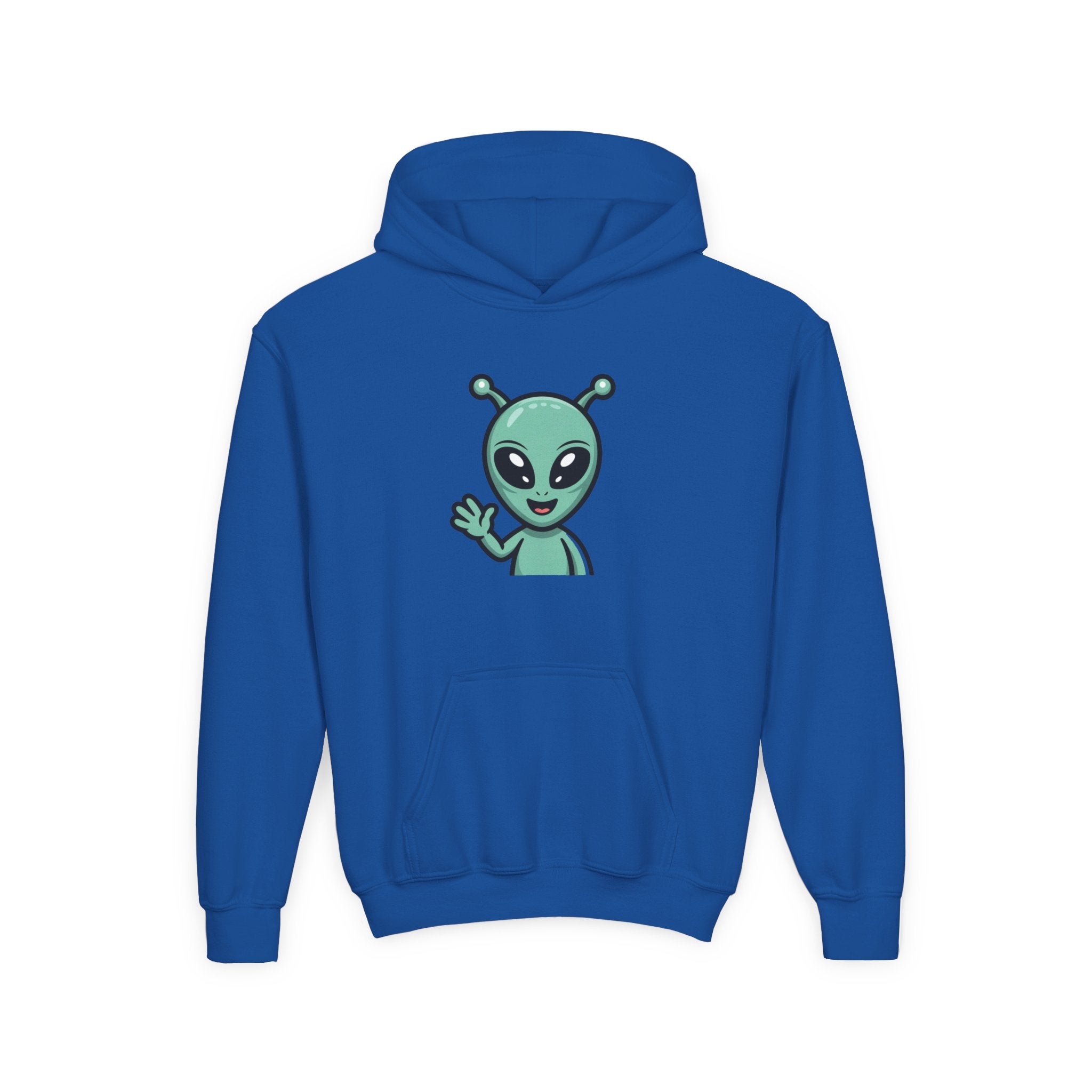 Youth Alien Hoodie – Cute Waving Green Alien Kids Sweatshirt