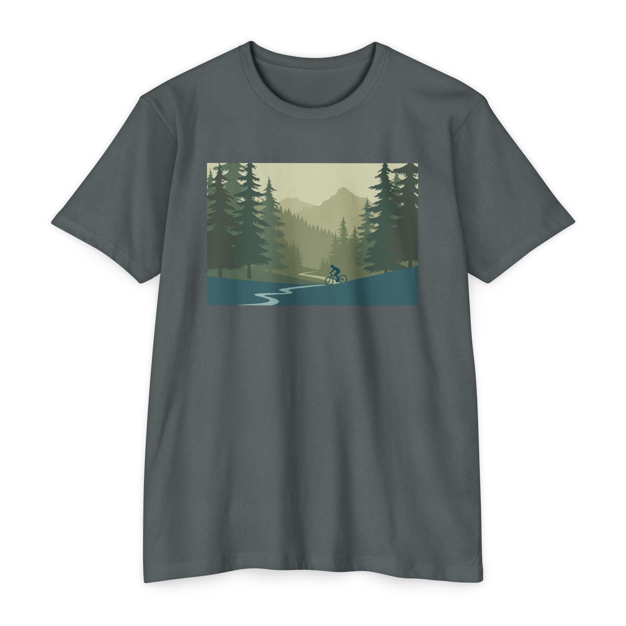 Mountain Biking Graphic T-Shirt — Scenic Forest Trail Design