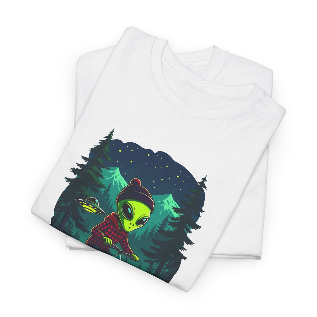 Alien Mountain Biking T-Shirt — Neon Forest Cyclist Graphic Tee