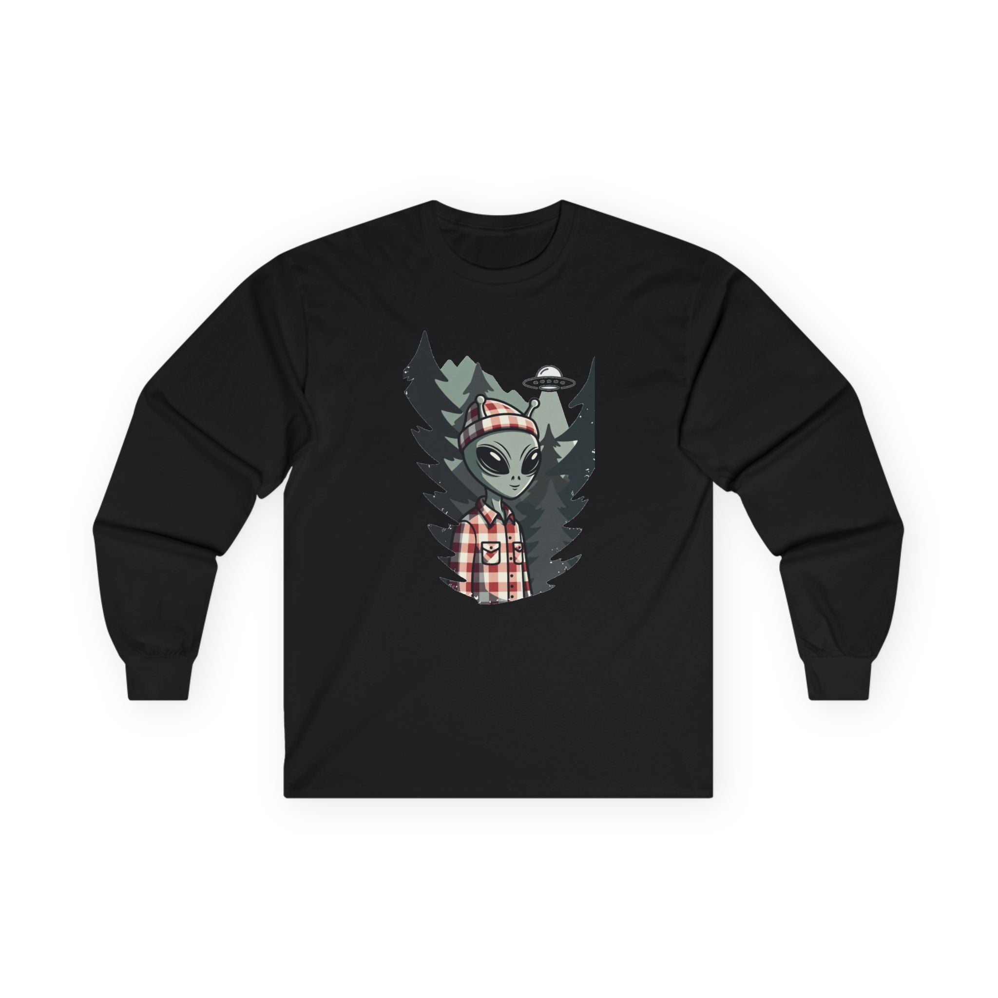 Alien Lumberjack Long Sleeve Tee — Forest UFO Graphic