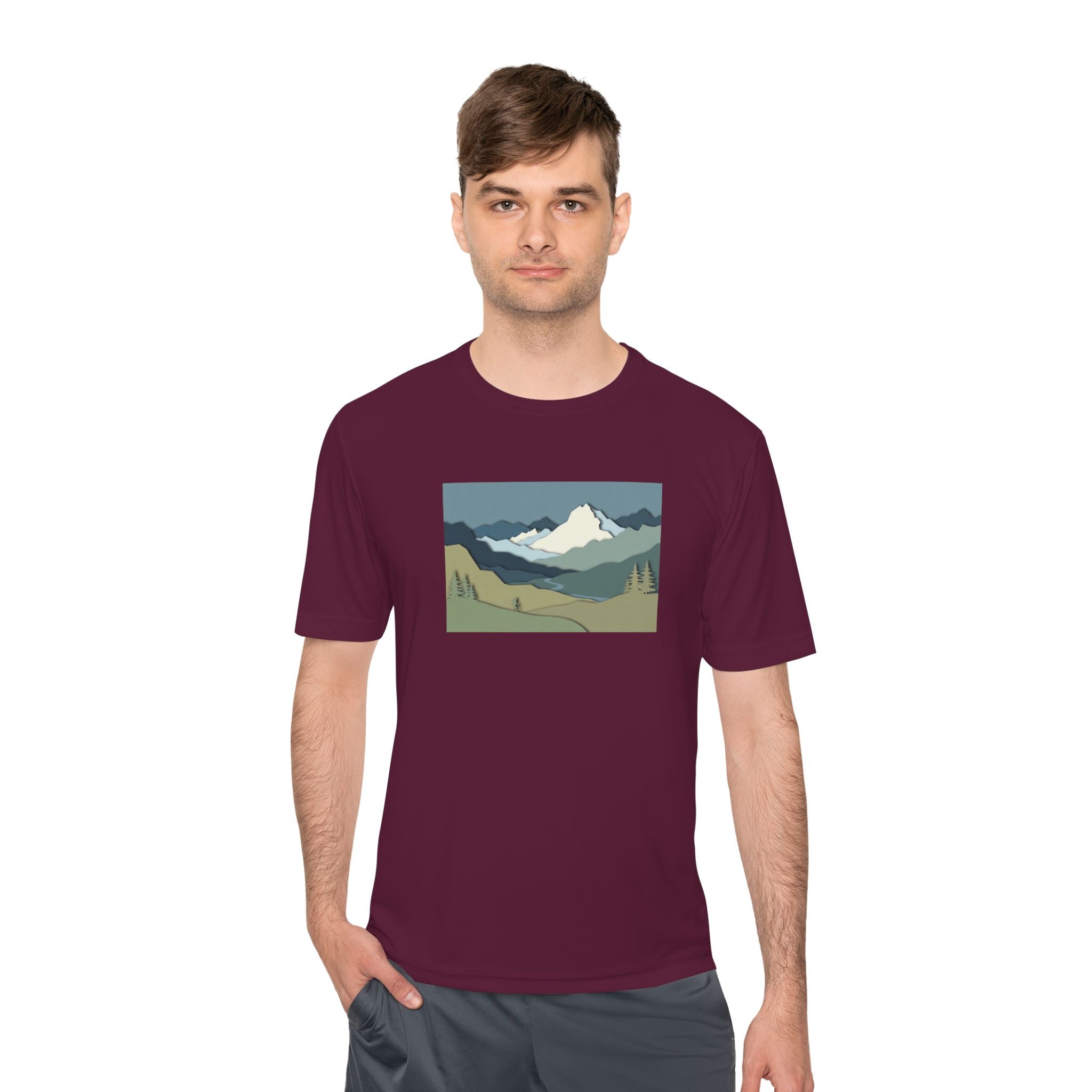 Mountain Landscape Performance Tee — Scenic Outdoor Graphic Shirt