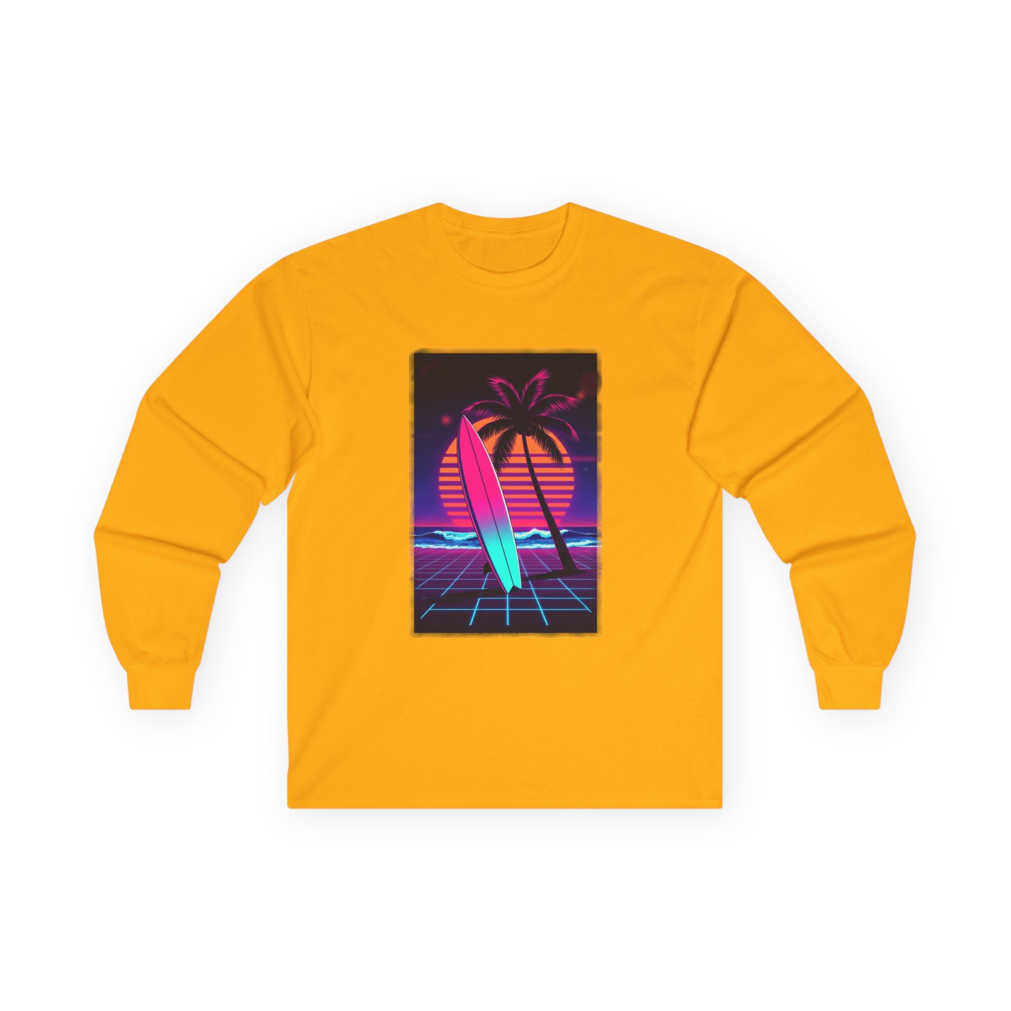 Retro Surf Long Sleeve Tee – Neon Palm Sunset Surfboard Graphic