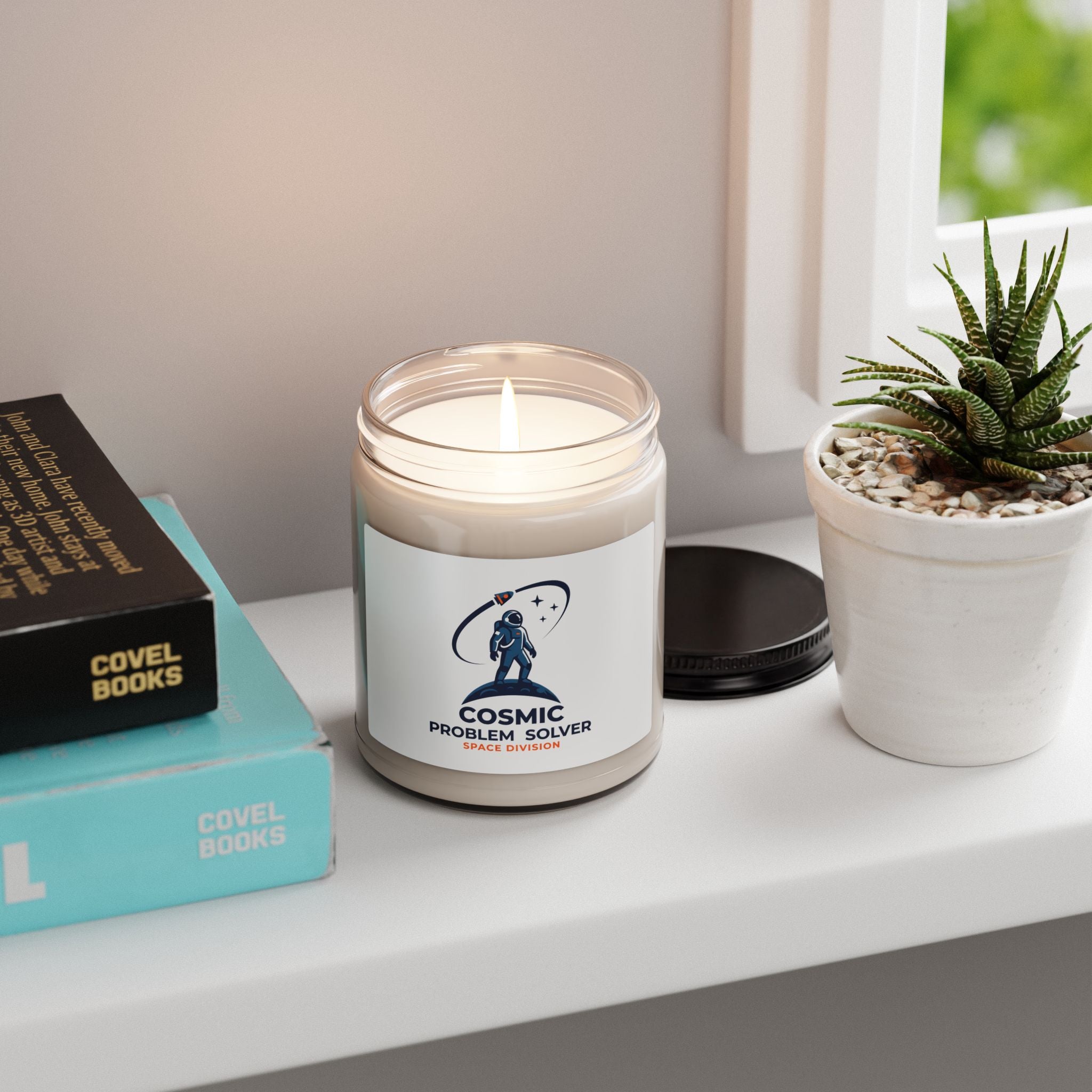 Cosmic Problem Solver Soy Candle, space mission patch, science nerd