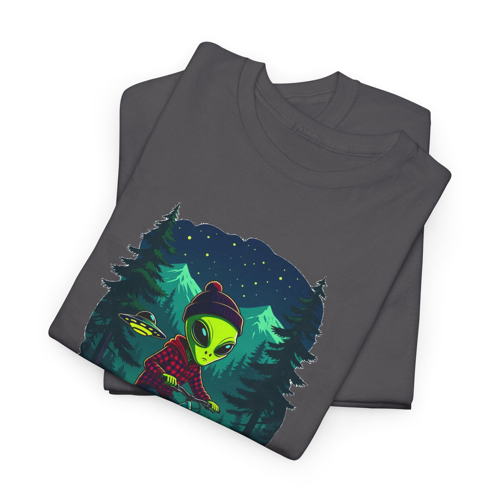 Alien Mountain Biking T-Shirt — Neon Forest Cyclist Graphic Tee