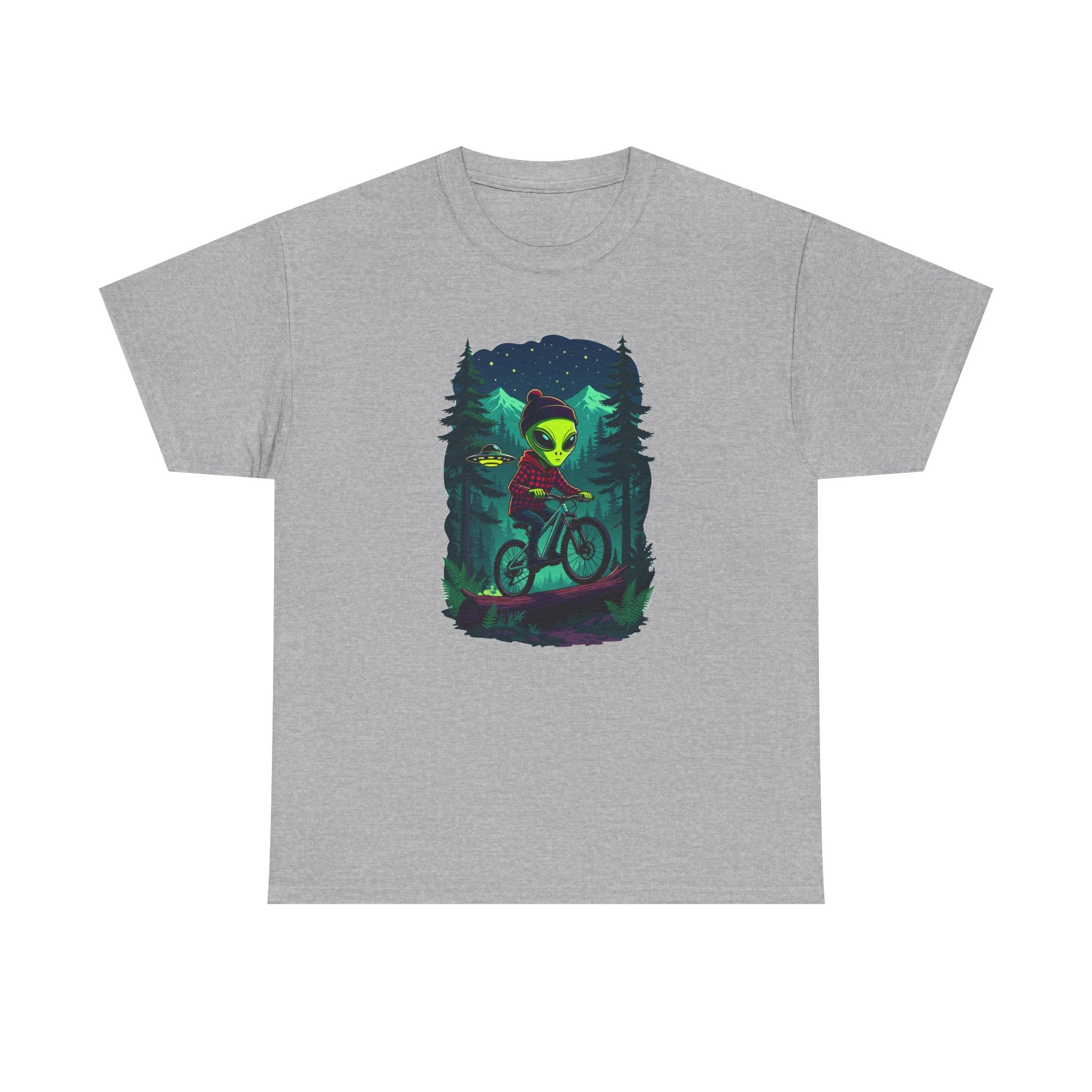 Alien Mountain Biking T-Shirt — Neon Forest Cyclist Graphic Tee