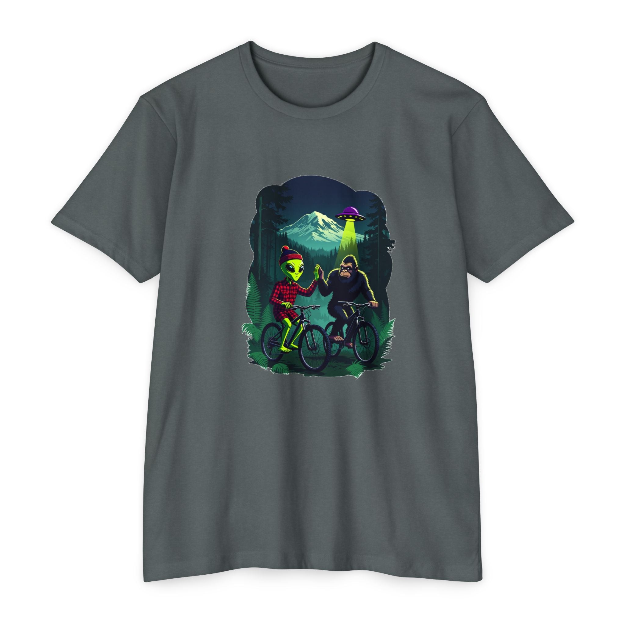 Alien & Sasquatch Night Ride T-Shirt — Retro UFO Biking Graphic Tee