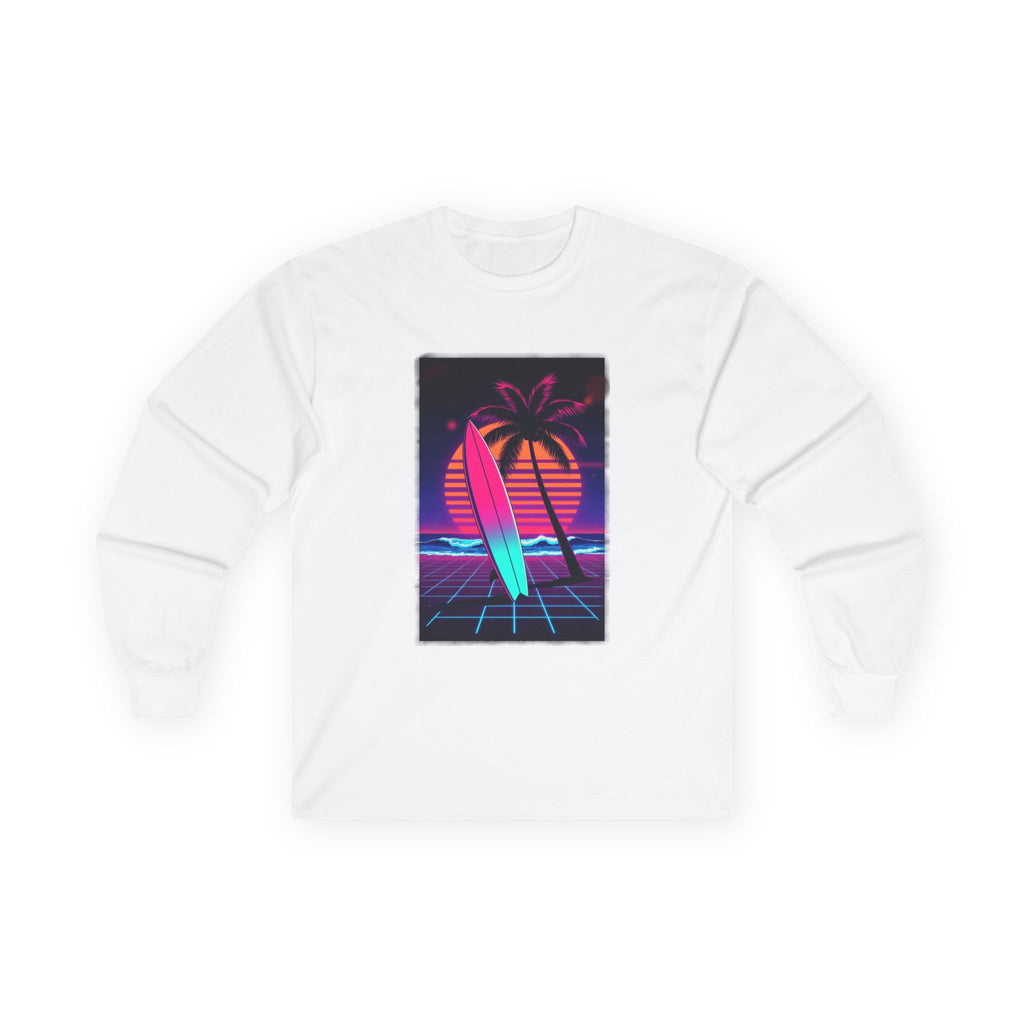 Retro Surf Long Sleeve Tee – Neon Palm Sunset Surfboard Graphic