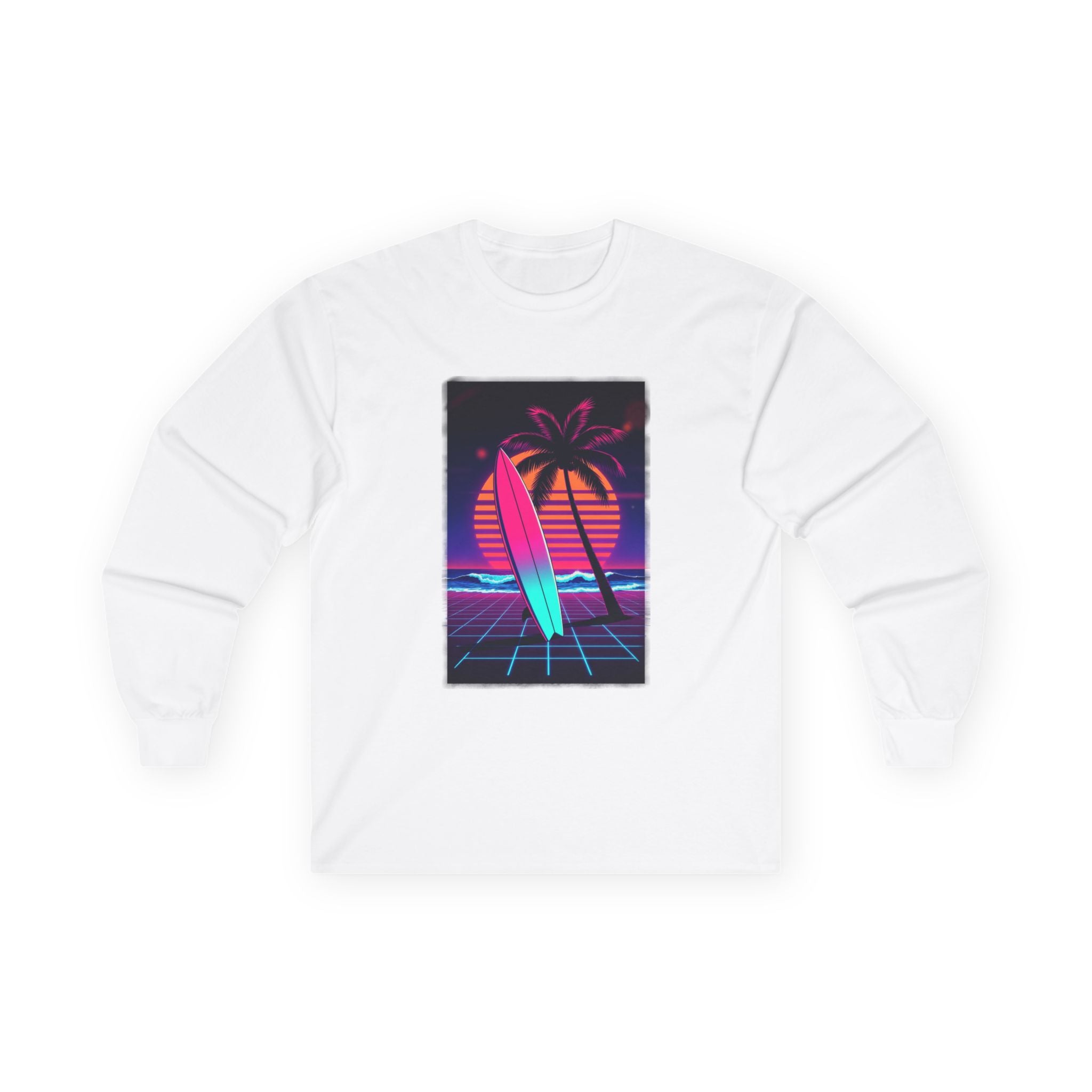Retro Surf Long Sleeve Tee – Neon Palm Sunset Surfboard Graphic