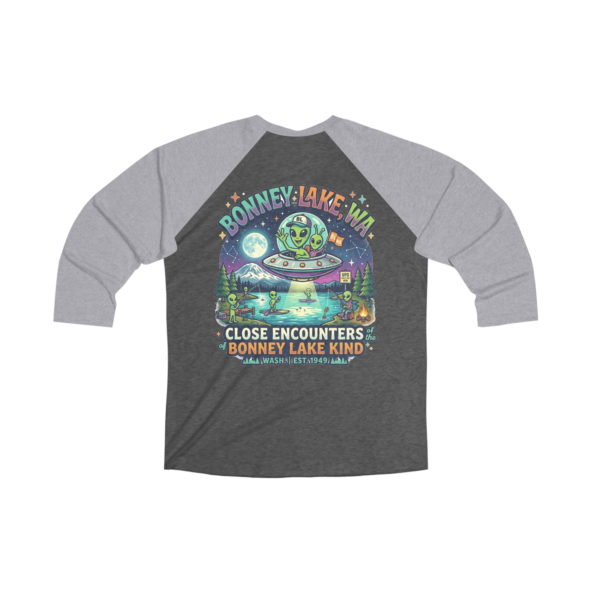Bonney Lake WA Raglan Tee — “Close Encounters” UFO Graphic 3/4 Sleeve