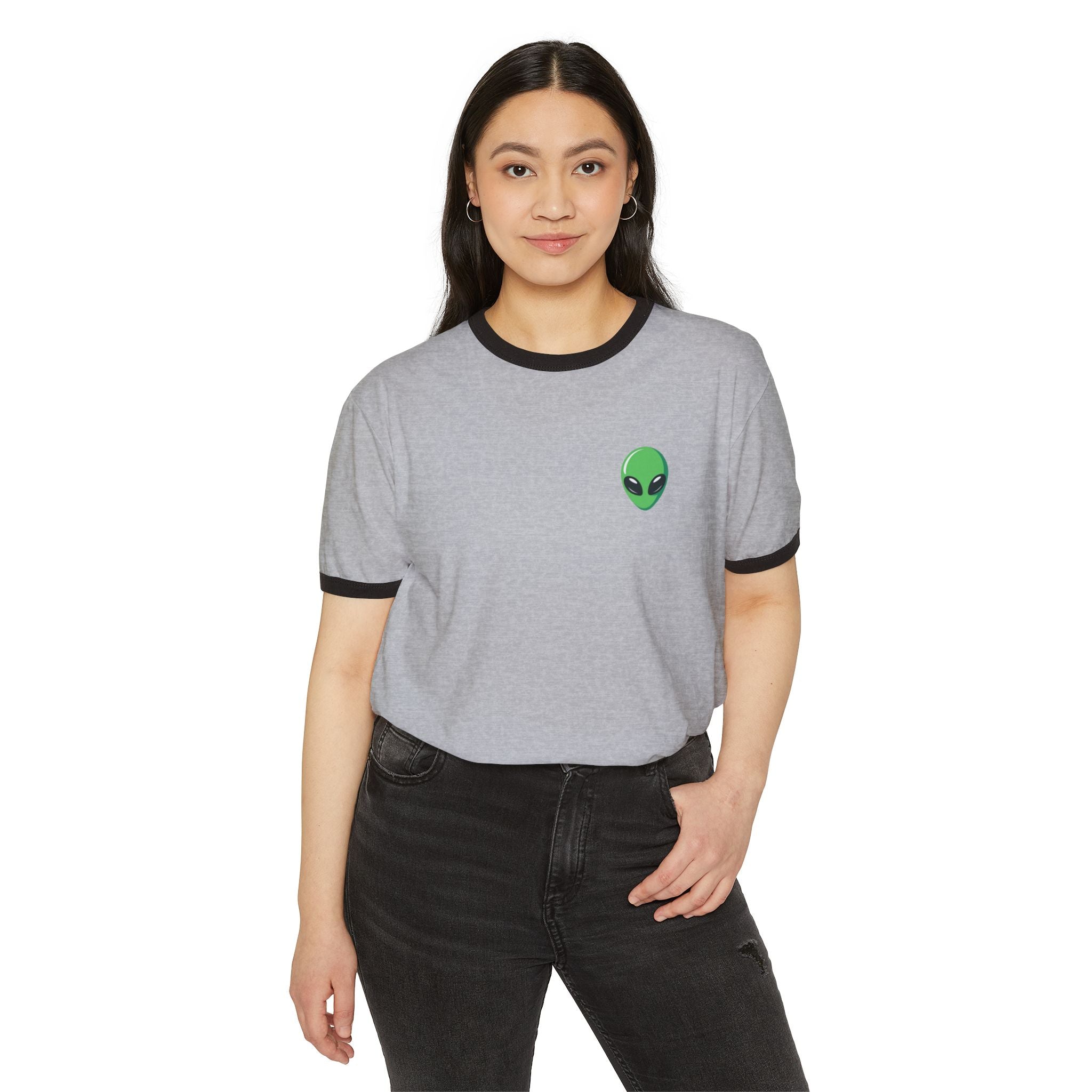 Alien Head Ringer Tee — Retro Green UFO Graphic T-Shirt
