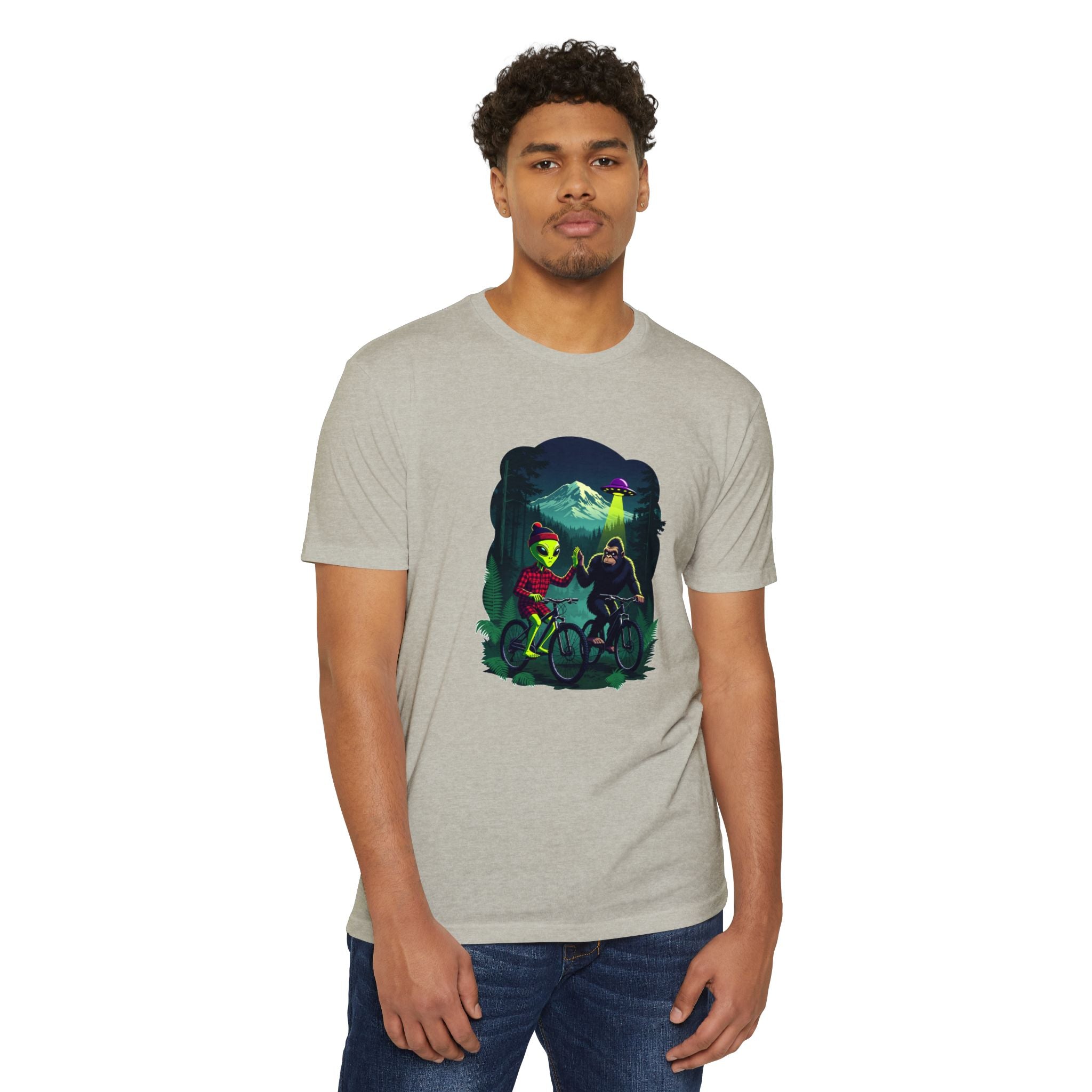 Alien & Sasquatch Night Ride T-Shirt — Retro UFO Biking Graphic Tee