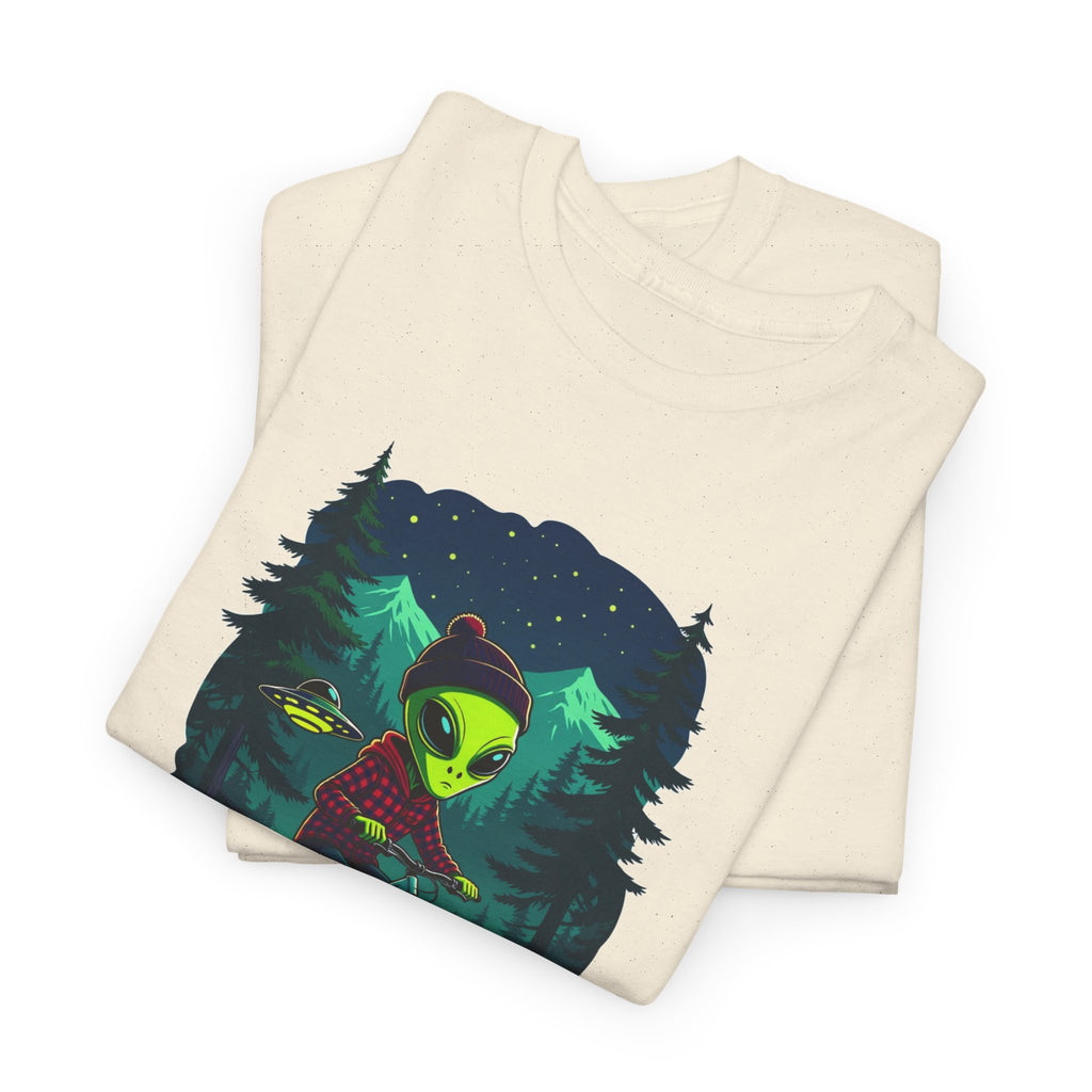 Alien Mountain Biking T-Shirt — Neon Forest Cyclist Graphic Tee