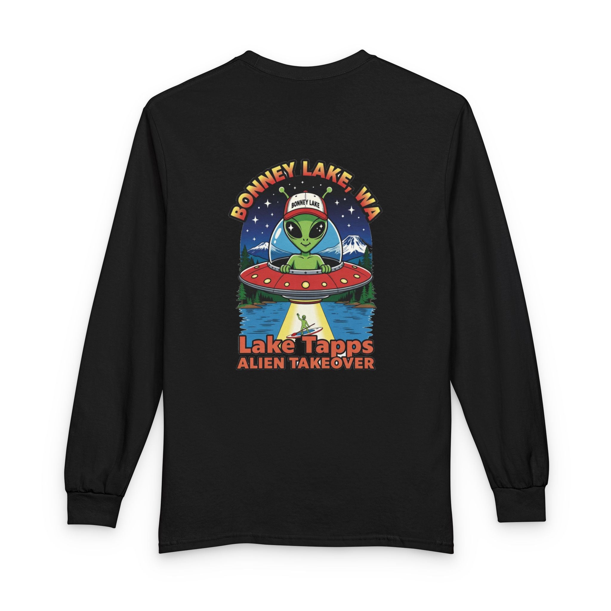 Alien UFO Long Sleeve T-Shirt — Donney Lake, WA "Lake Tapps Alien Takeover" Tourist Tee