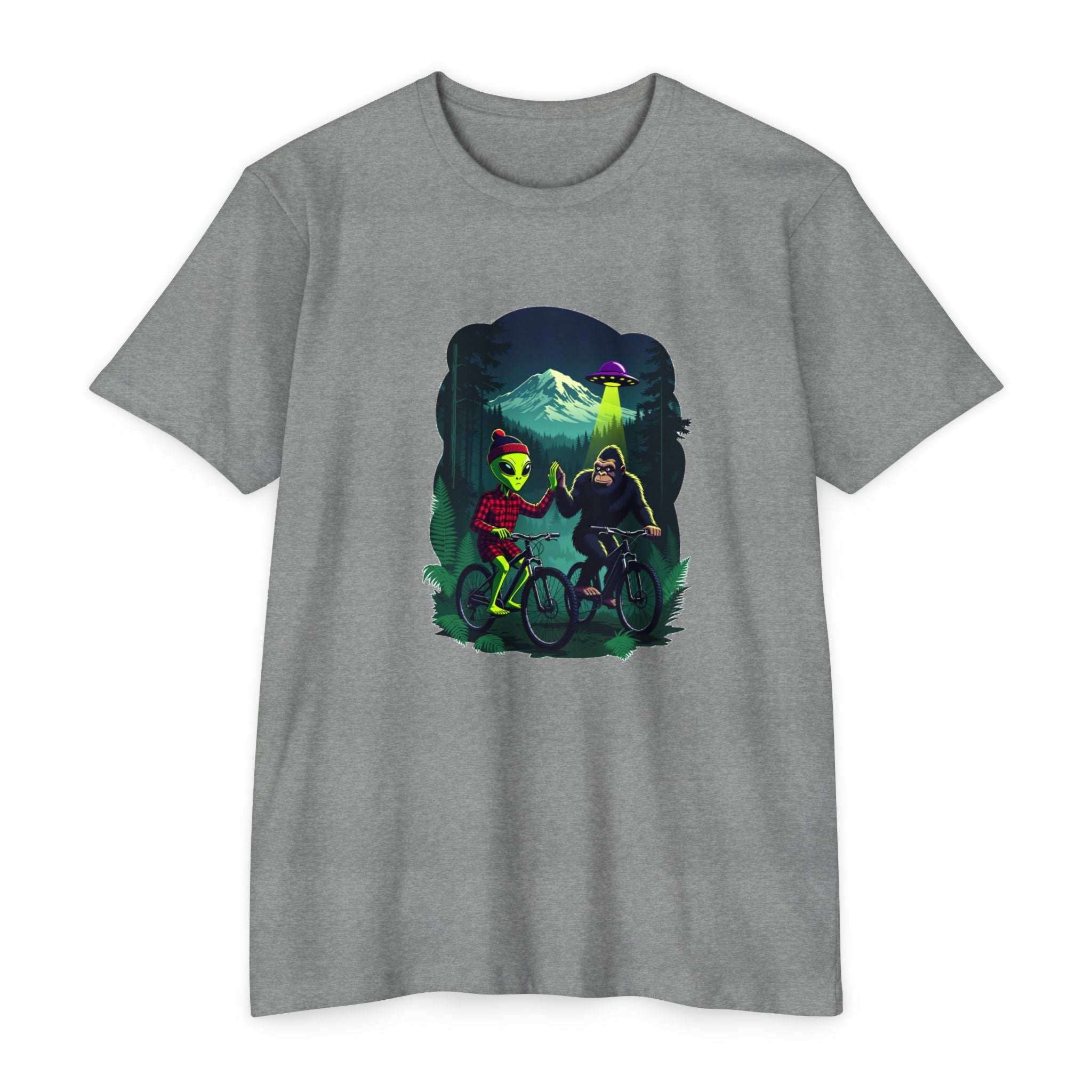 Alien & Sasquatch Night Ride T-Shirt — Retro UFO Biking Graphic Tee