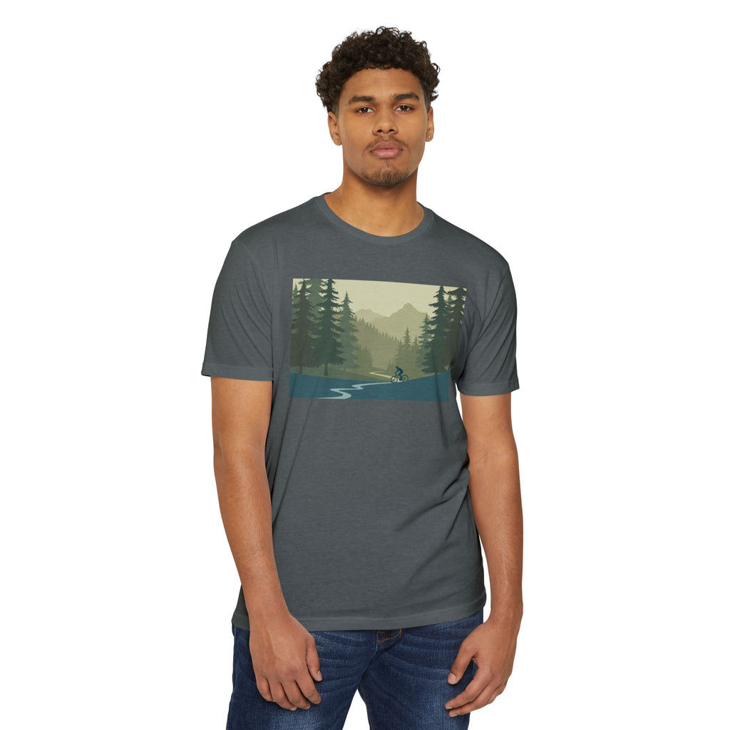 Mountain Biking Graphic T-Shirt — Scenic Forest Trail Design