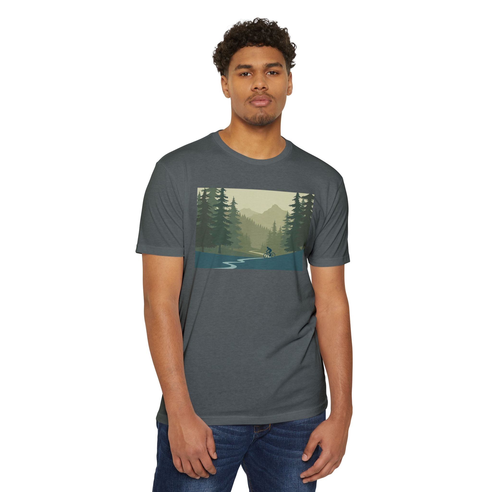 Mountain Biking Graphic T-Shirt — Scenic Forest Trail Design
