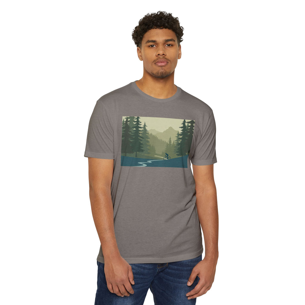 Mountain Biking Graphic T-Shirt — Scenic Forest Trail Design