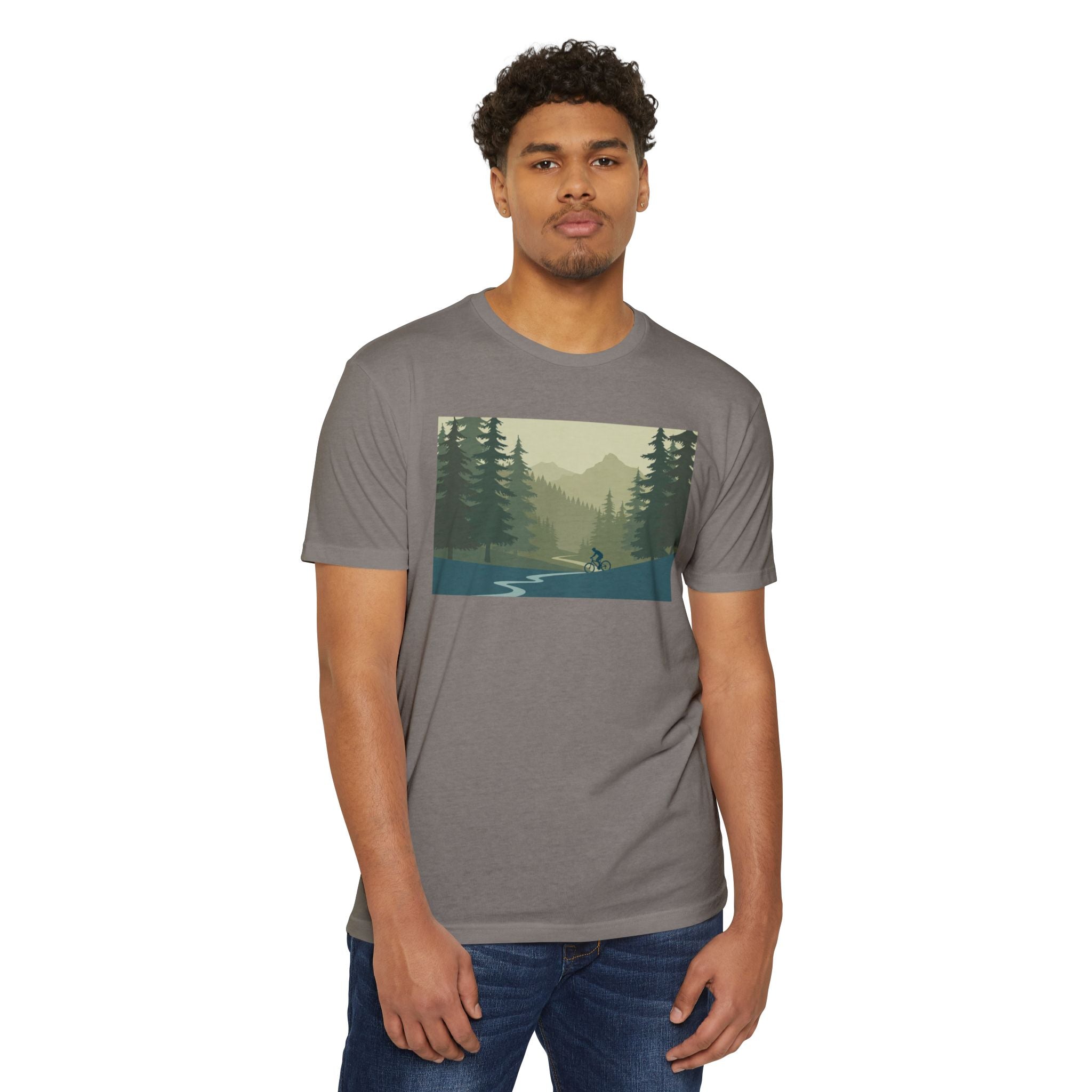 Mountain Biking Graphic T-Shirt — Scenic Forest Trail Design