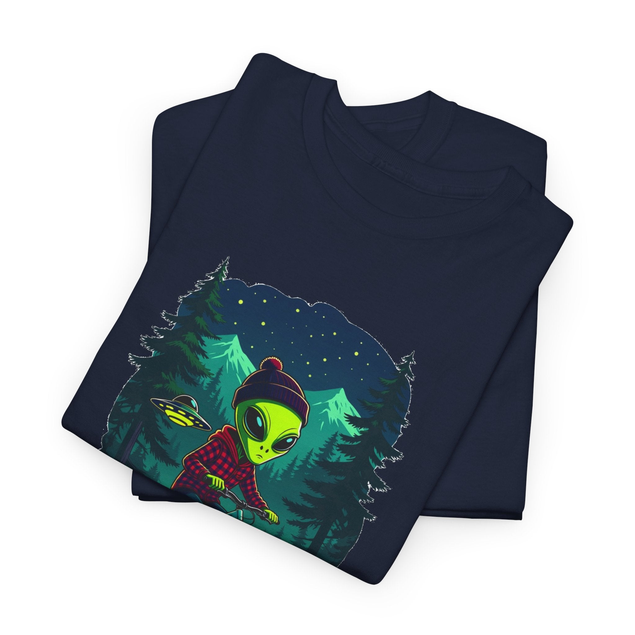 Alien Mountain Biking T-Shirt — Neon Forest Cyclist Graphic Tee