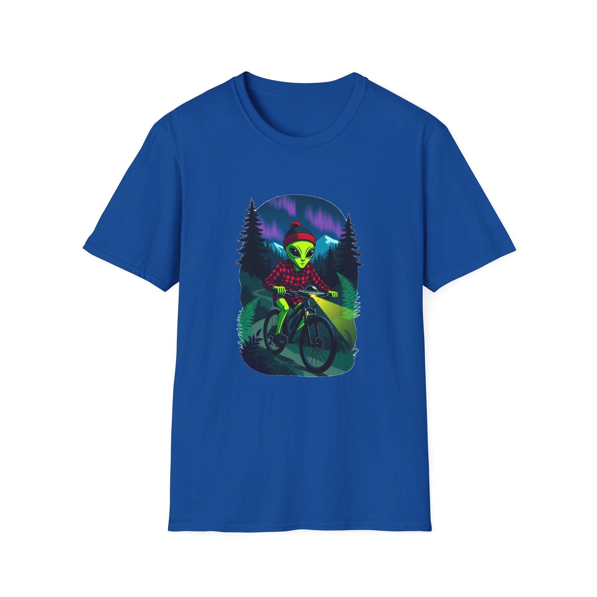Alien Mountain Biker T-Shirt — Neon Night Forest Cycling Graphic Tee