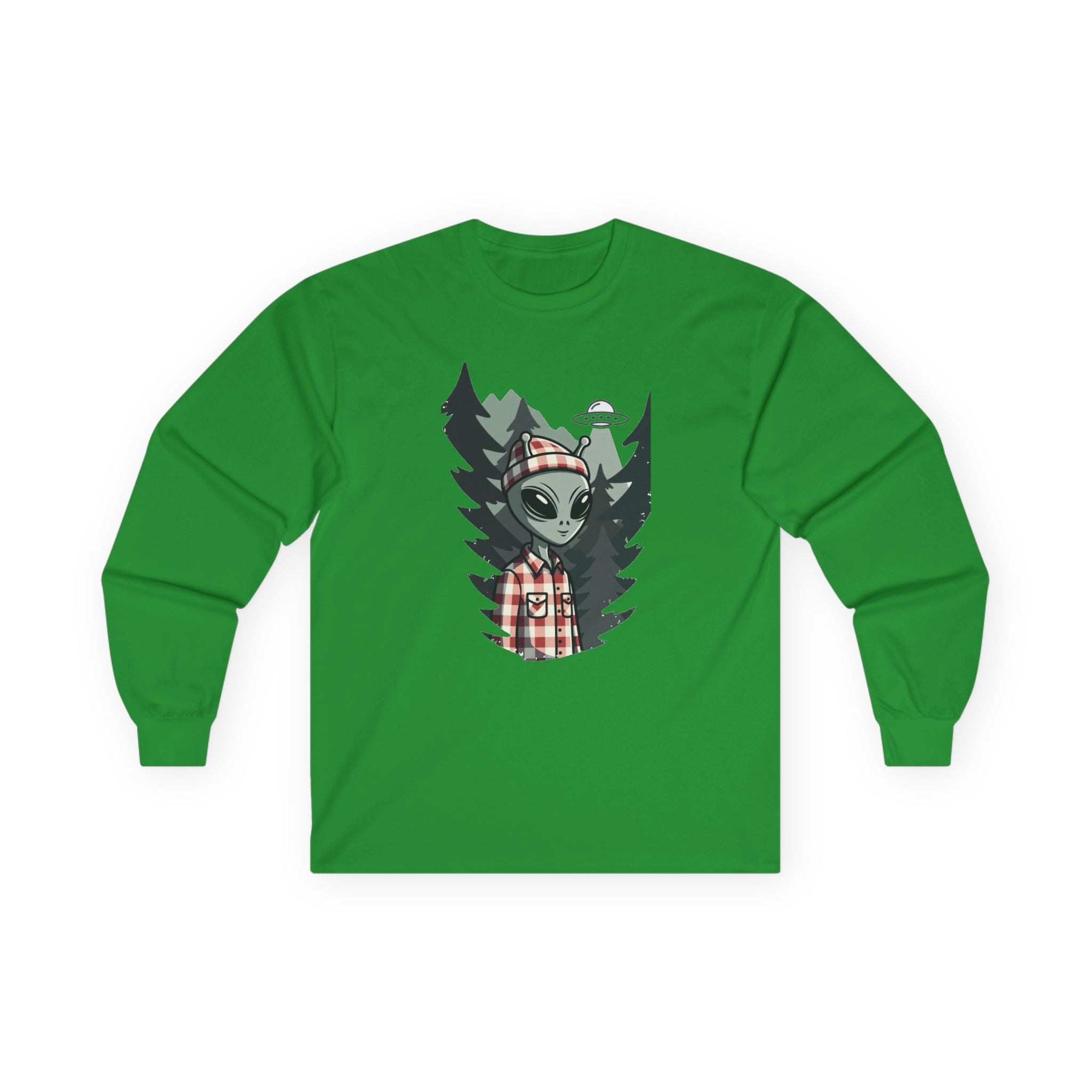 Alien Lumberjack Long Sleeve Tee — Forest UFO Graphic