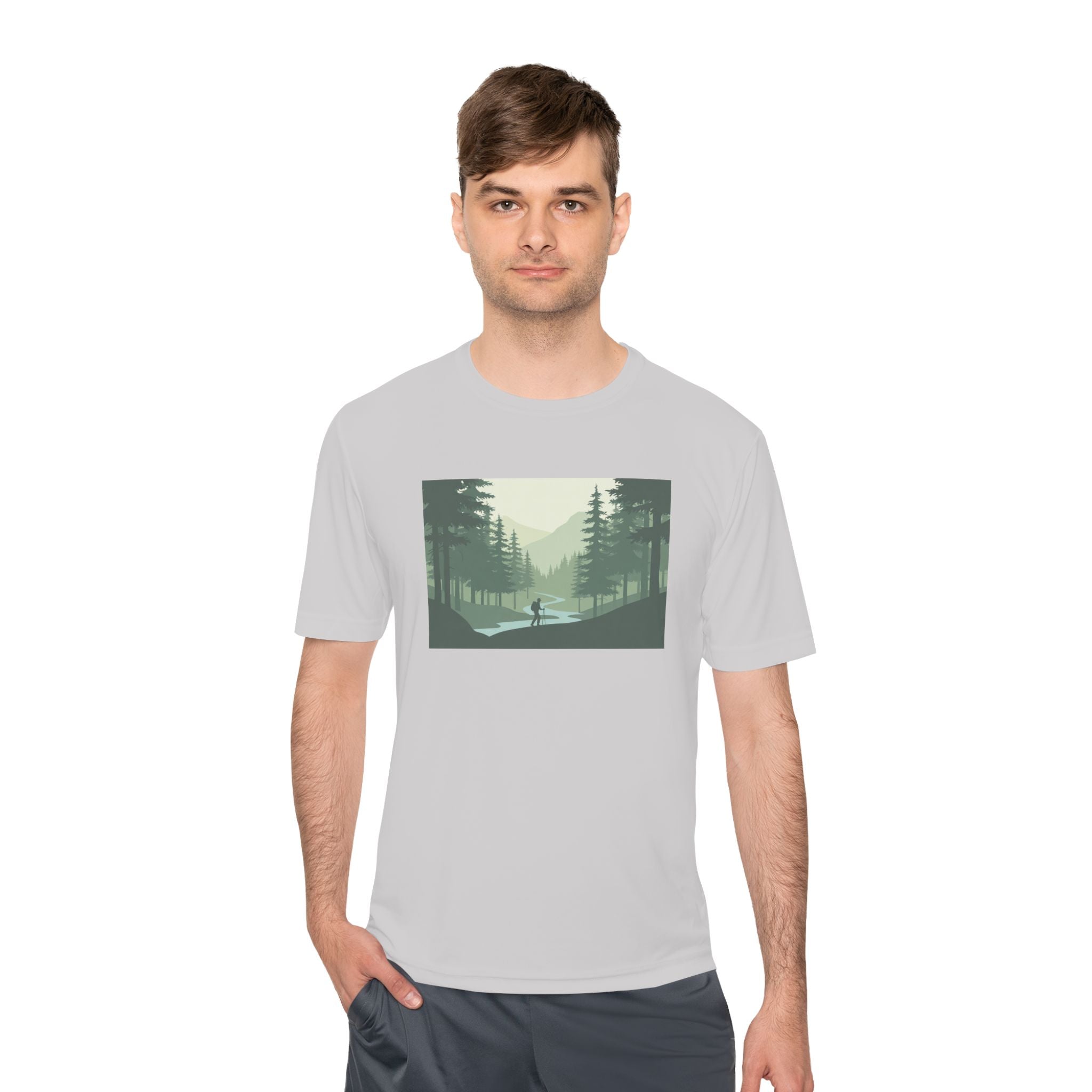 Forest Lake Camping Tee — Minimal Mountain Landscape T-Shirt for Outdoor Lovers