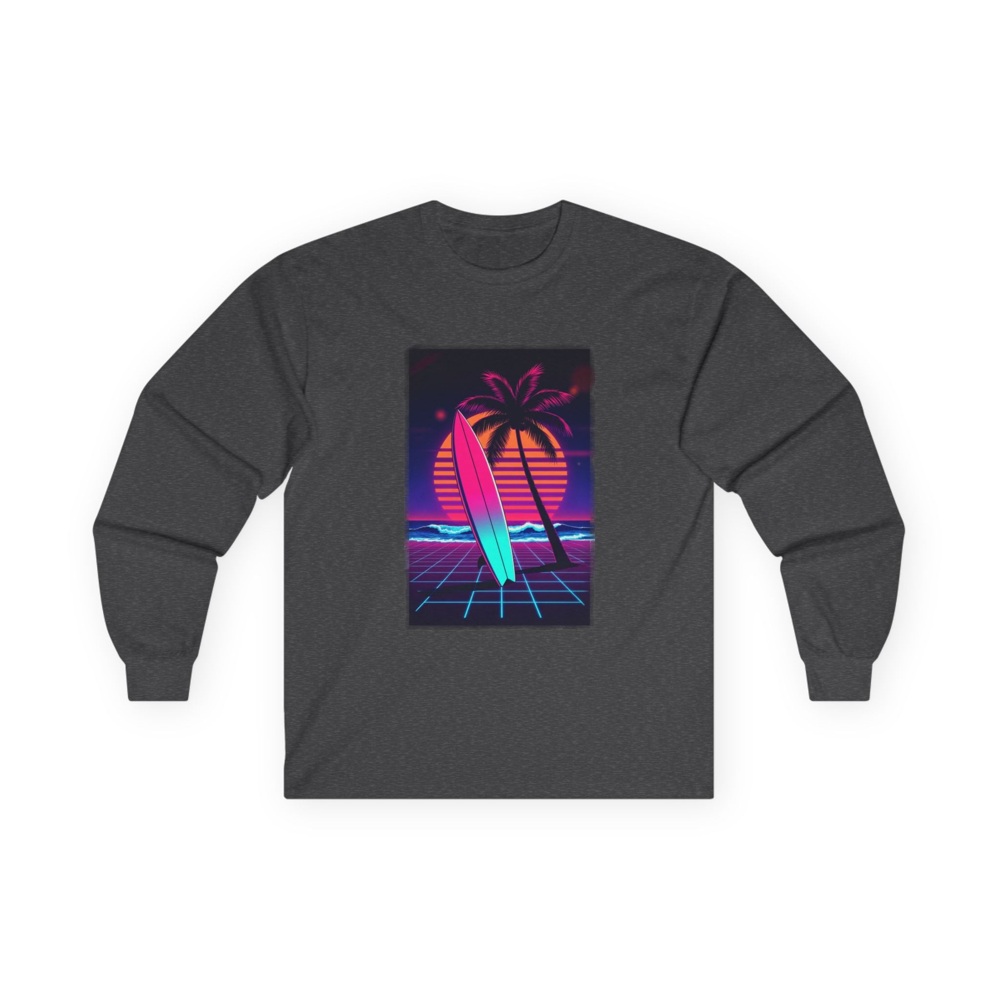 Retro Surf Long Sleeve Tee – Neon Palm Sunset Surfboard Graphic