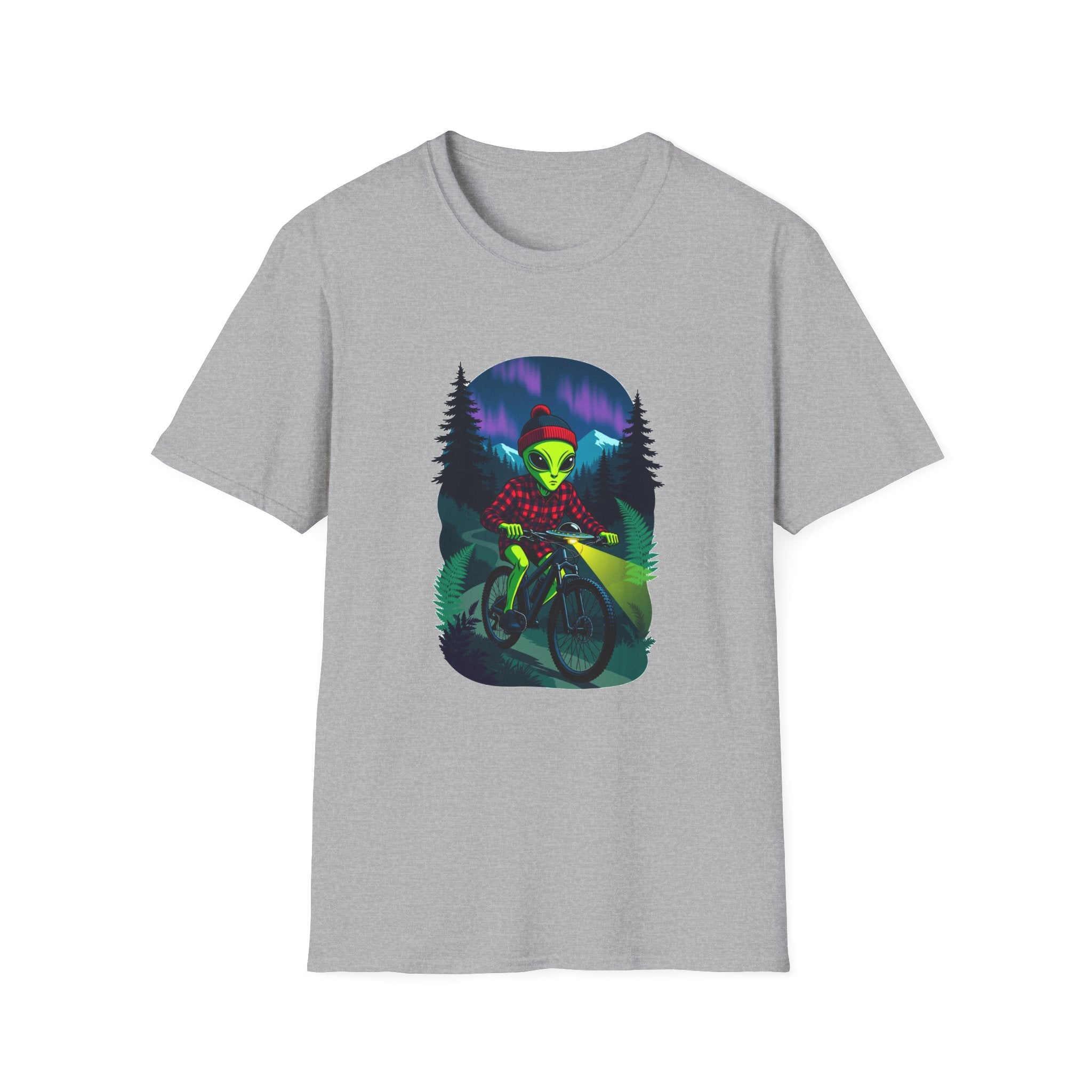 Alien Mountain Biker T-Shirt — Neon Night Forest Cycling Graphic Tee