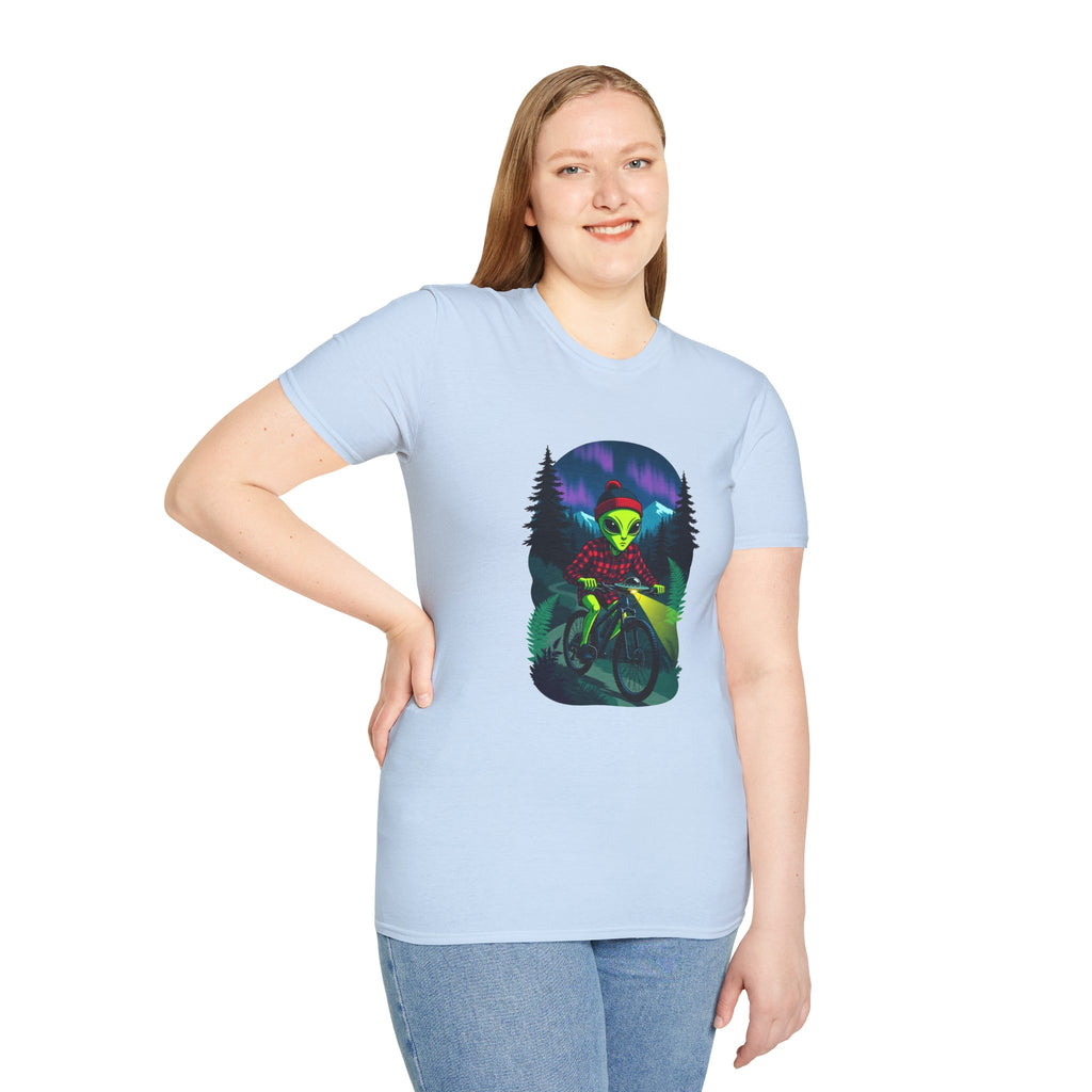 Alien Mountain Biker T-Shirt — Neon Night Forest Cycling Graphic Tee