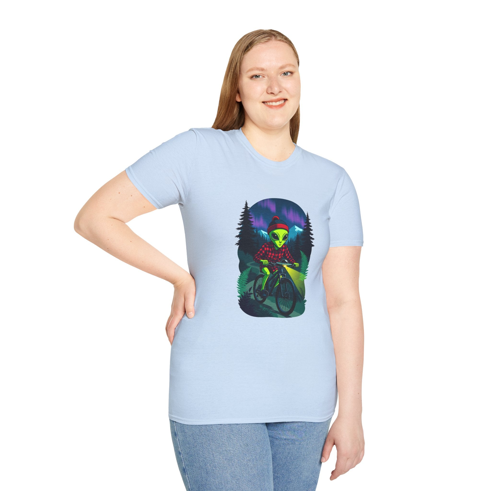 Alien Mountain Biker T-Shirt — Neon Night Forest Cycling Graphic Tee