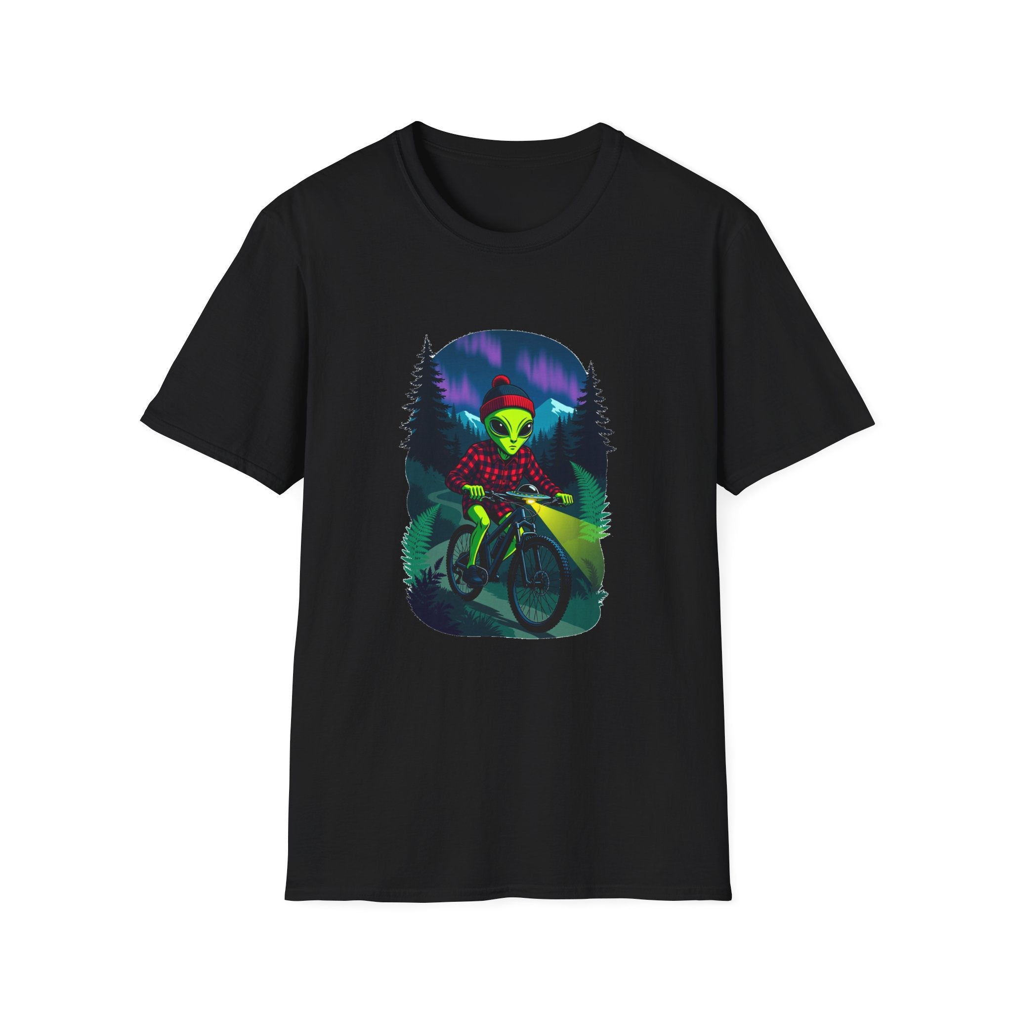 Alien Mountain Biker T-Shirt — Neon Night Forest Cycling Graphic Tee