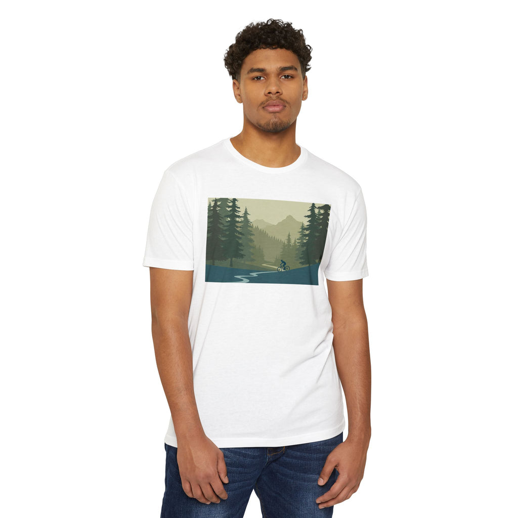 Mountain Biking Graphic T-Shirt — Scenic Forest Trail Design