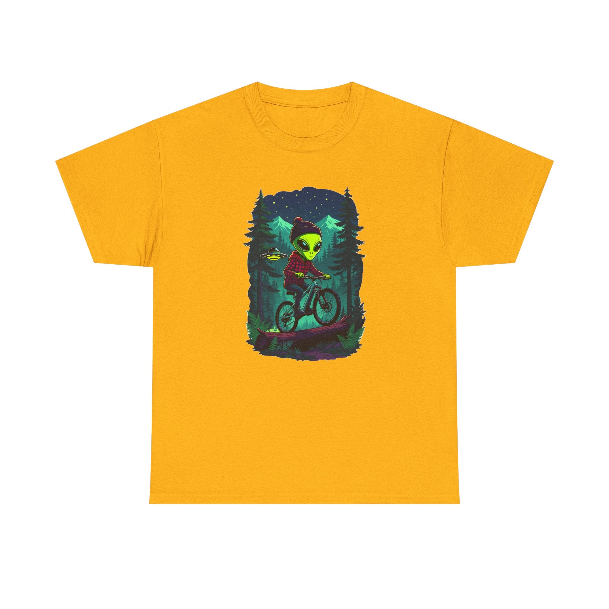 Alien Mountain Biking T-Shirt — Neon Forest Cyclist Graphic Tee