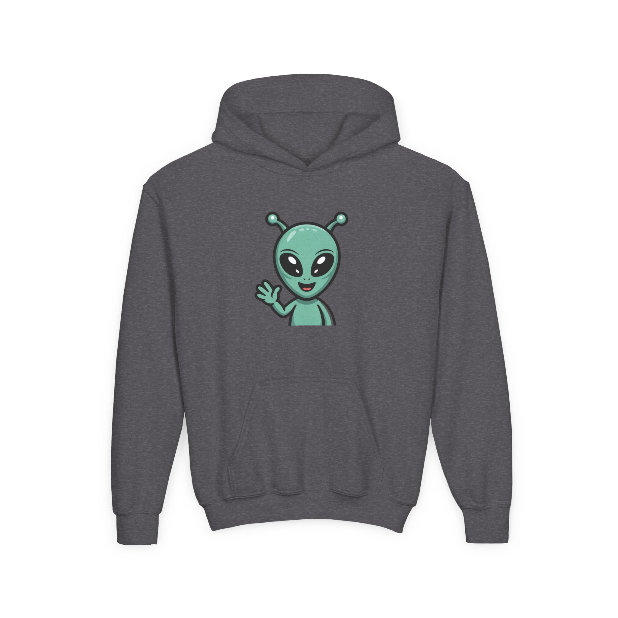 Youth Alien Hoodie – Cute Waving Green Alien Kids Sweatshirt