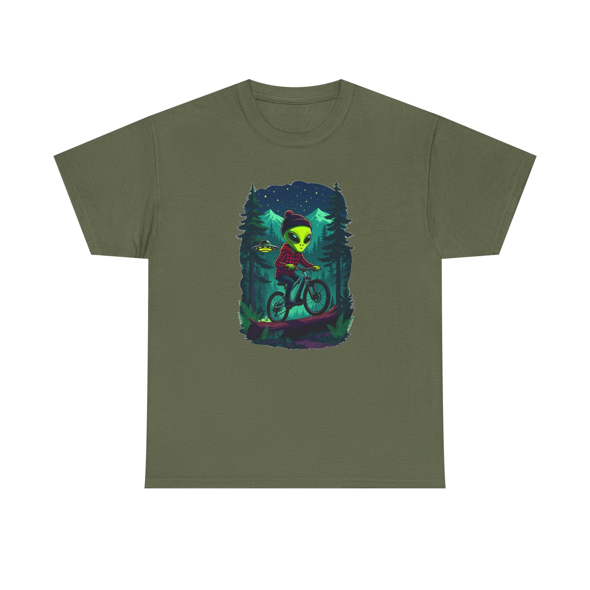Alien Mountain Biking T-Shirt — Neon Forest Cyclist Graphic Tee