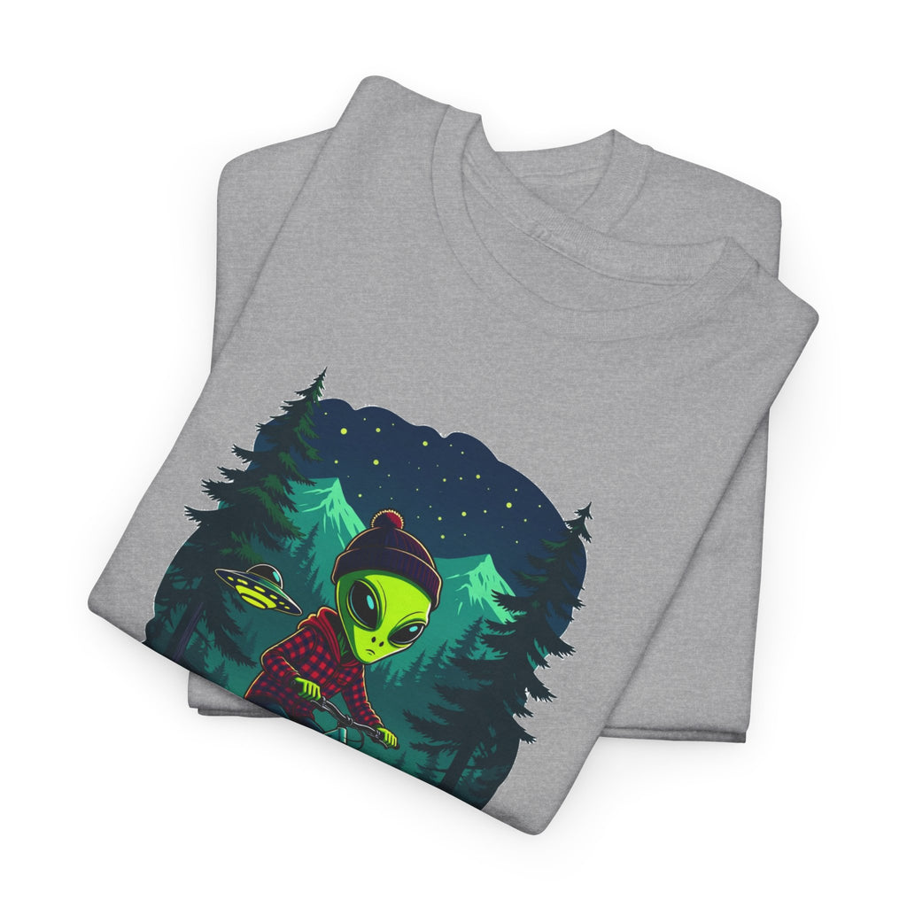 Alien Mountain Biking T-Shirt — Neon Forest Cyclist Graphic Tee
