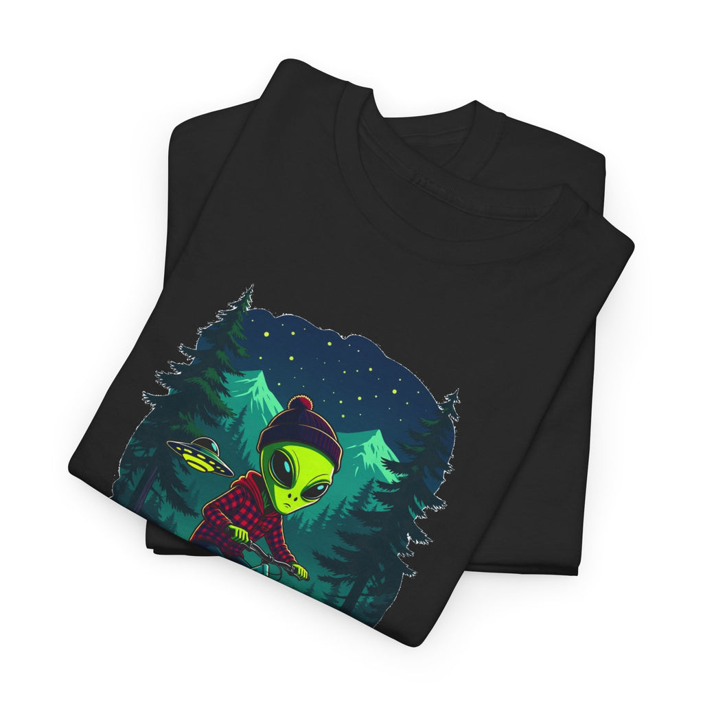 Alien Mountain Biking T-Shirt — Neon Forest Cyclist Graphic Tee