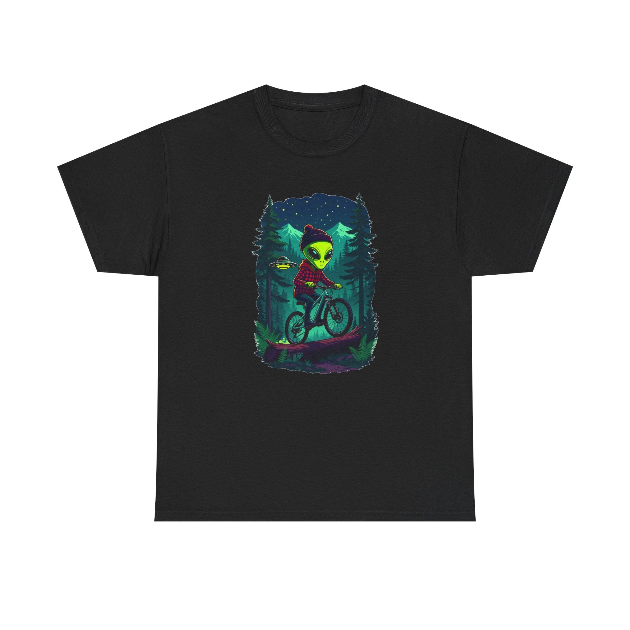 Alien Mountain Biking T-Shirt — Neon Forest Cyclist Graphic Tee