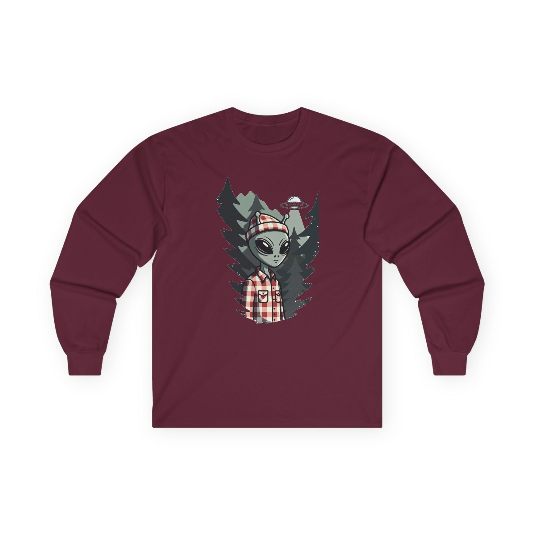 Alien Lumberjack Long Sleeve Tee — Forest UFO Graphic