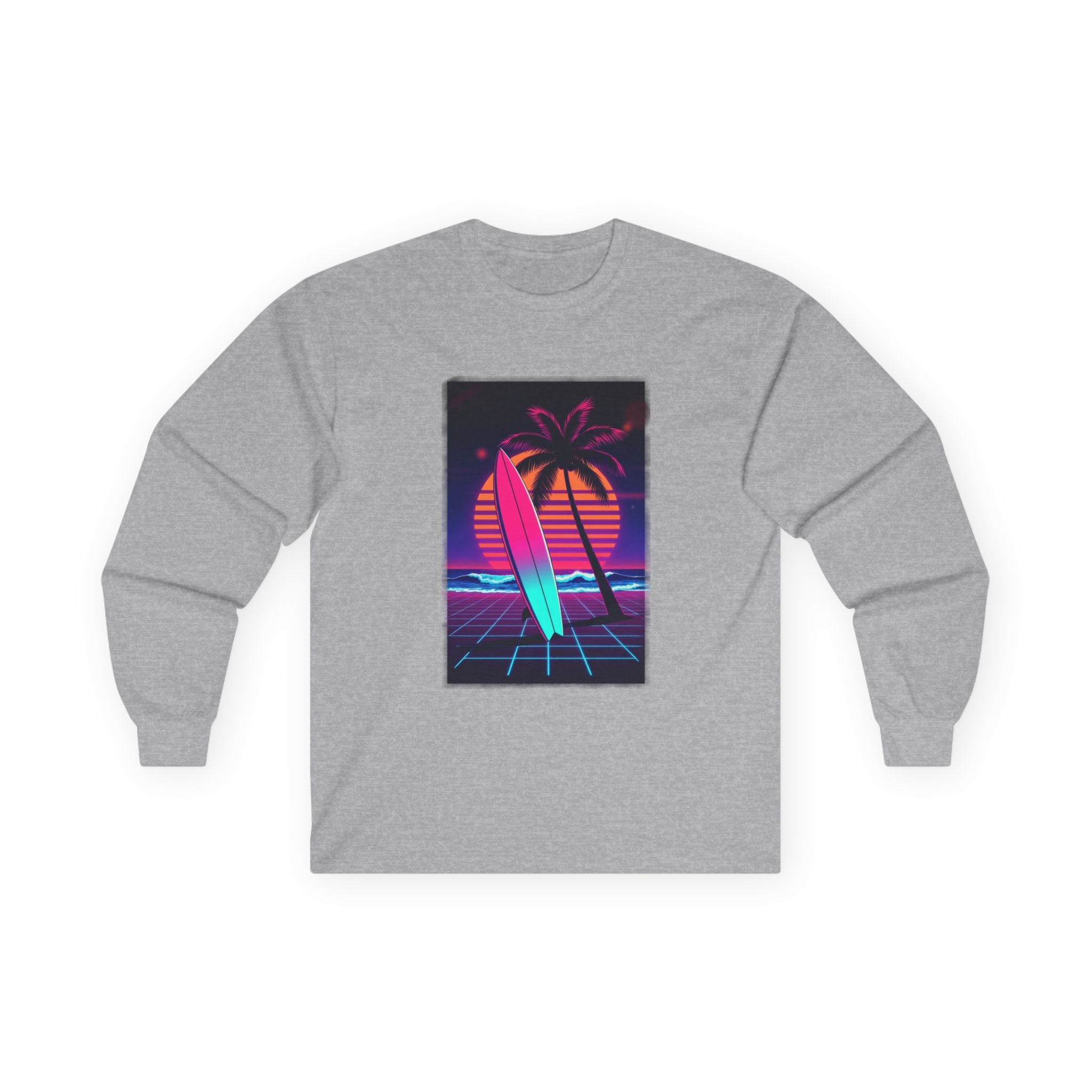 Retro Surf Long Sleeve Tee – Neon Palm Sunset Surfboard Graphic