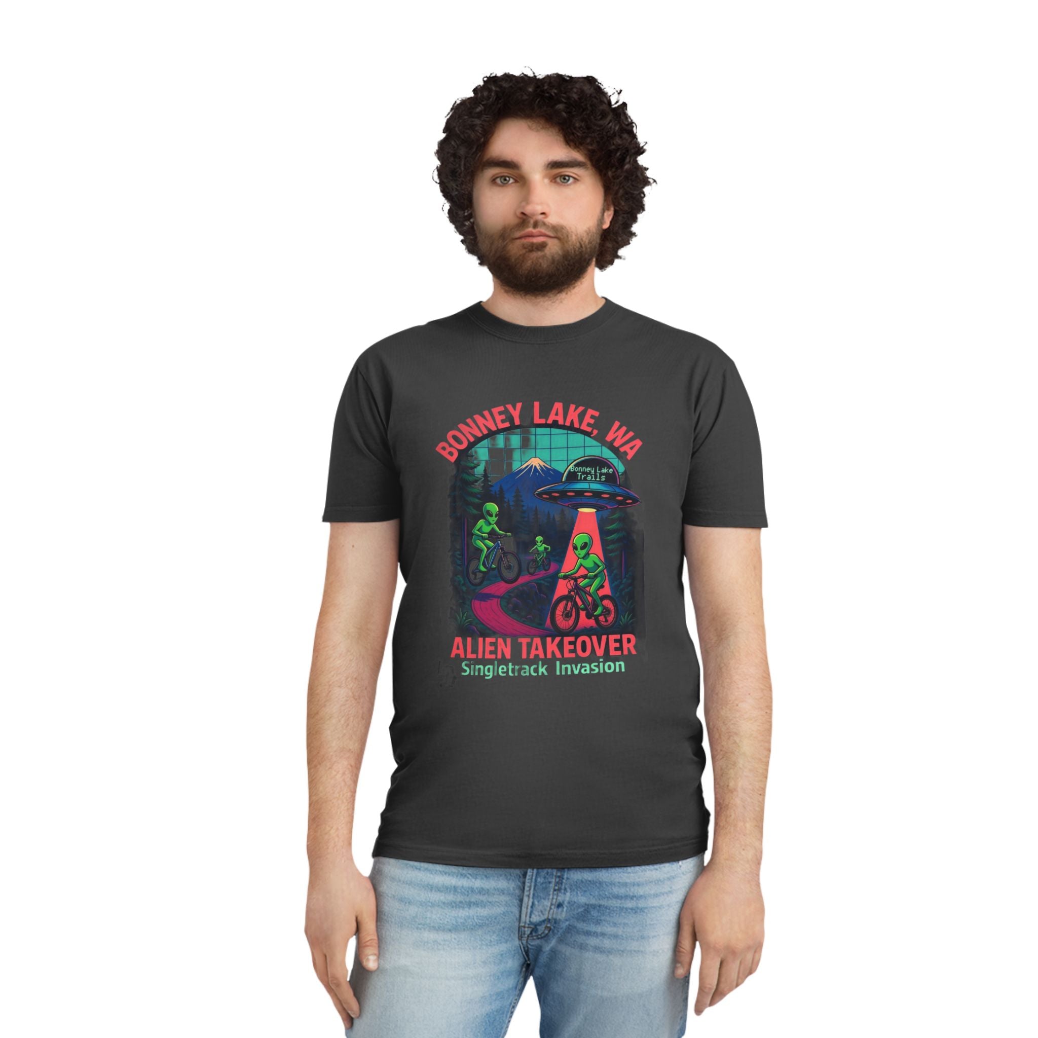 Bonney Lake WA Alien Takeover T‑Shirt — UFO Biking Retro Graphic