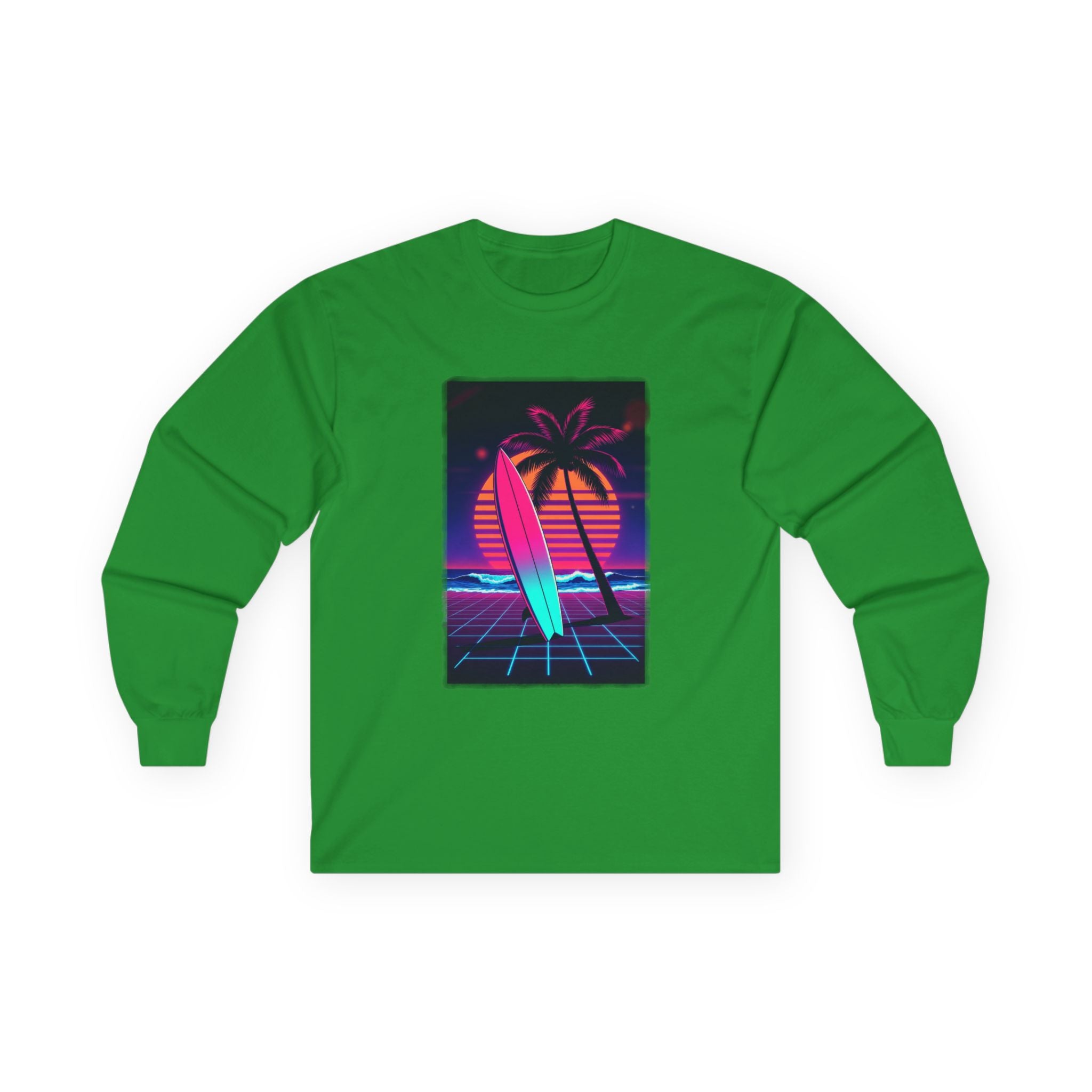 Retro Surf Long Sleeve Tee – Neon Palm Sunset Surfboard Graphic